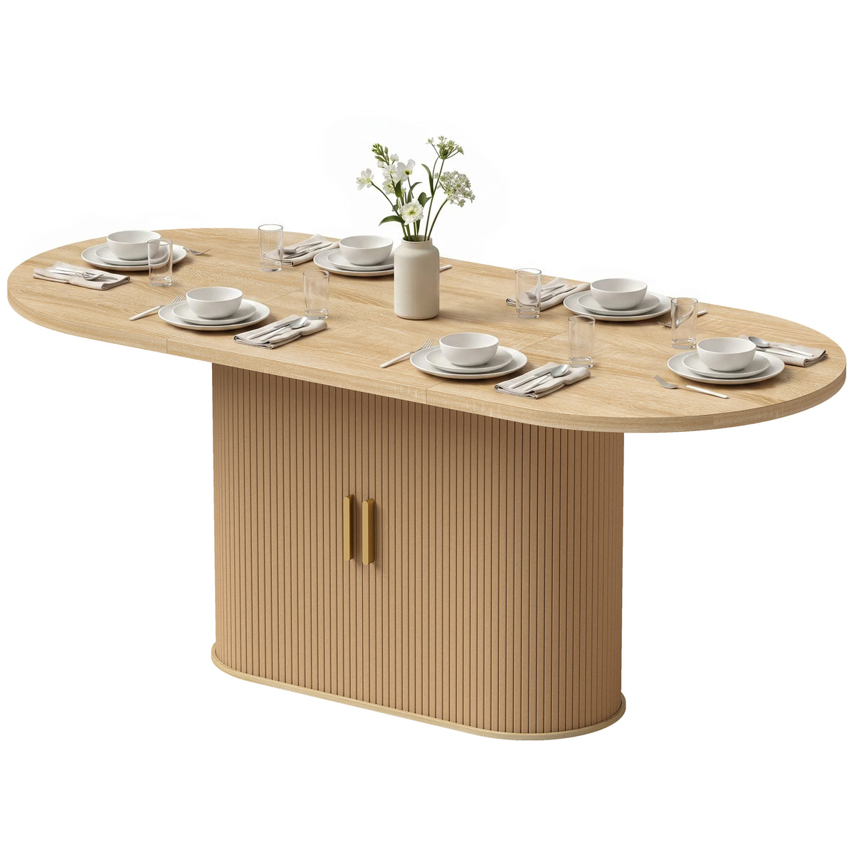 Oval Dining Table for 6 People, Modern Farmhouse Kitchen Table with Thick Tabletop, Under Cabinets and Tambour Sliding Doors for Kitchen, Dining Room, Living Room, Oak