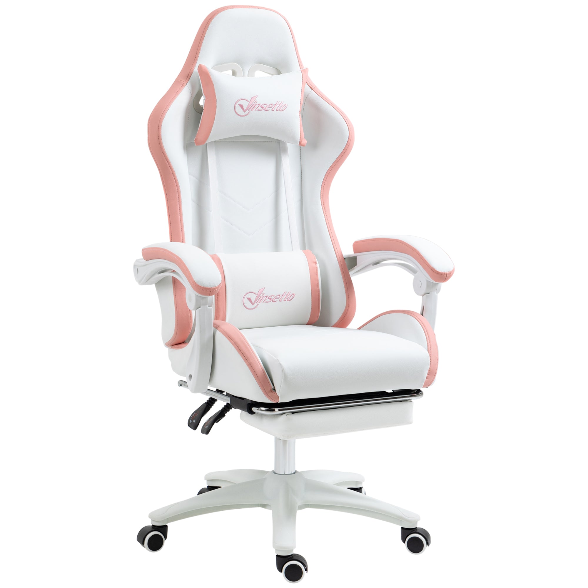 Vinsetto Computer Gaming Chair, PU Leather Desk Chair with Footrest, Swivel Task Chair with 135° Reclining Back and Lumbar Support, PC Chair for Adults, White and Pink