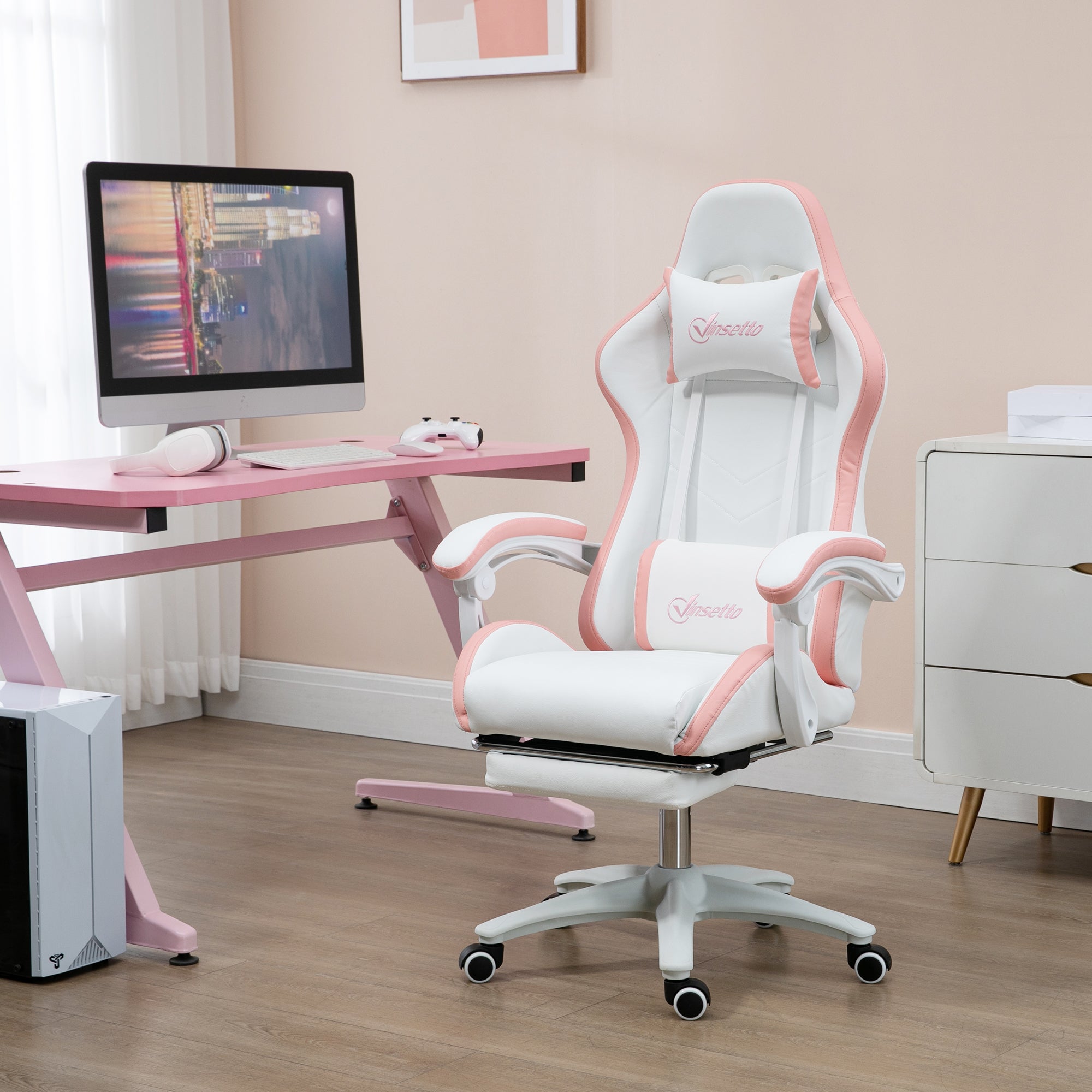Vinsetto Computer Gaming Chair, PU Leather Desk Chair with Footrest, Swivel Task Chair with 135° Reclining Back and Lumbar Support, PC Chair for Adults, White and Pink