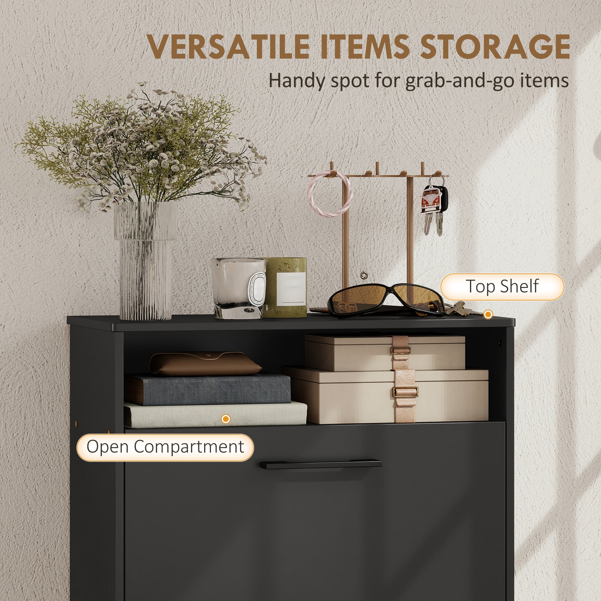 Shoe Cabinet with 2 Flip Drawers and Open Shelf, Narrow Shoe Storage Cabinet with Adjustable Dividers, Entryway Shoe Storage Unit for up to 12 Pairs for Hallway, Black