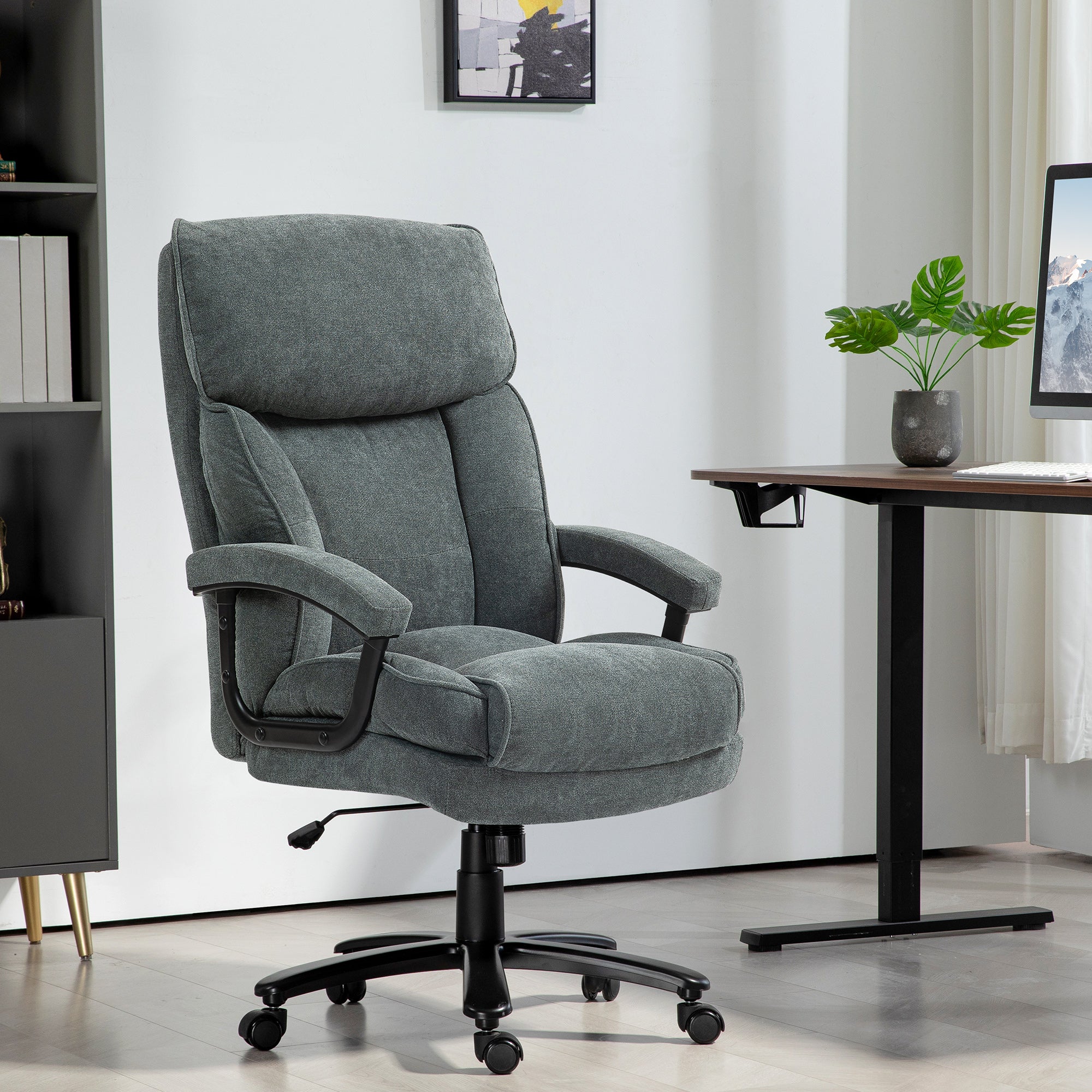 Big and Tall Office Chair, Up to 450 lbs. Overstuffed Executive Office Chair with Swivel Wheels, High Back for Heavy People, Grey