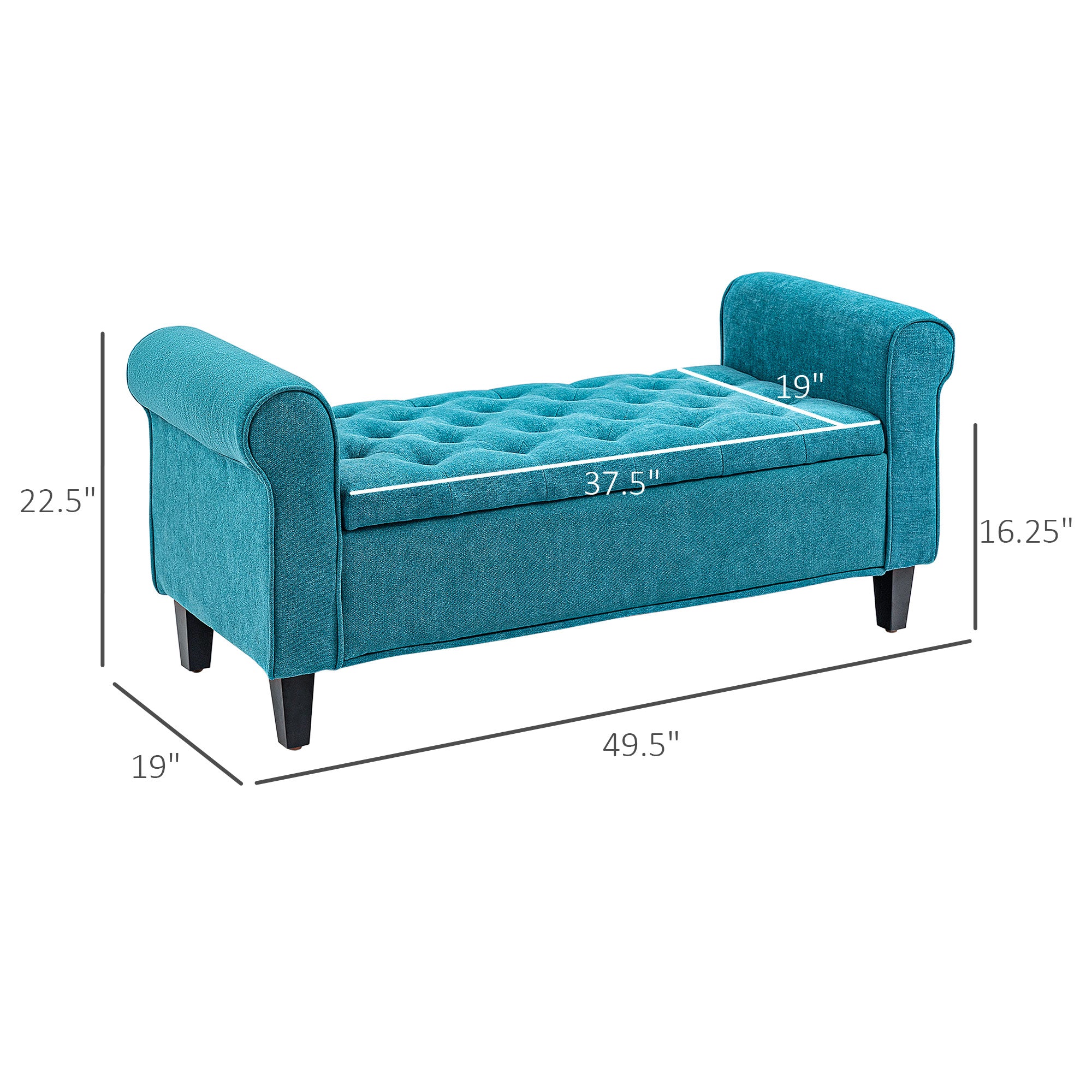50 Inches Tufted Storage Ottoman, End of Bed Bench w/ Rolled Arms & Wood Legs, Teal