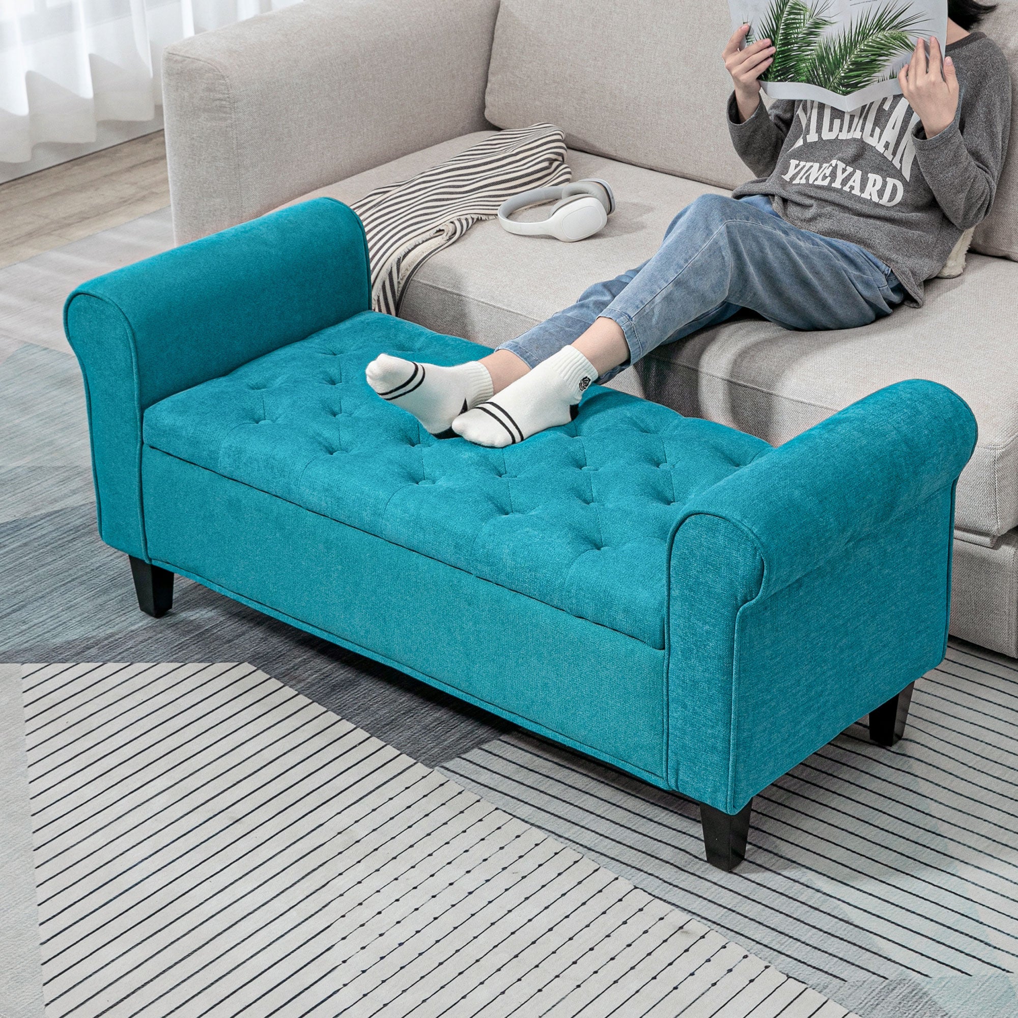 50 Inches Tufted Storage Ottoman, End of Bed Bench w/ Rolled Arms & Wood Legs, Teal