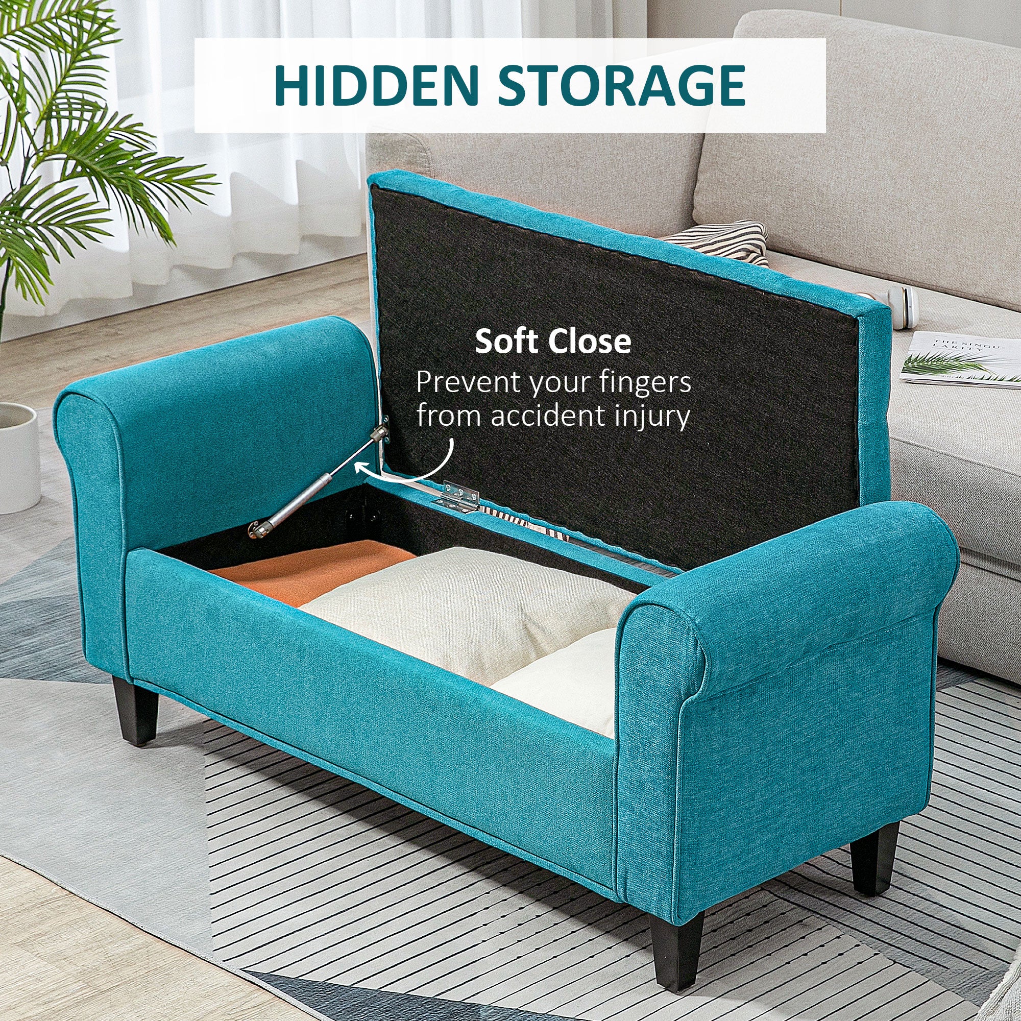 50 Inches Tufted Storage Ottoman, End of Bed Bench w/ Rolled Arms & Wood Legs, Teal