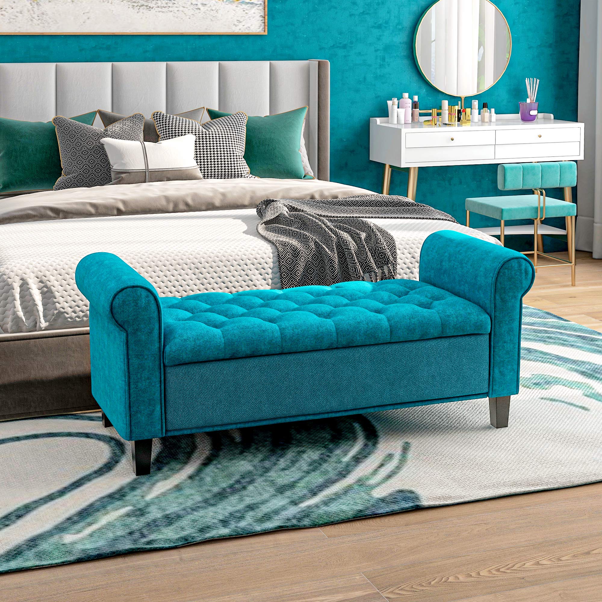 50 Inches Tufted Storage Ottoman, End of Bed Bench w/ Rolled Arms & Wood Legs, Teal
