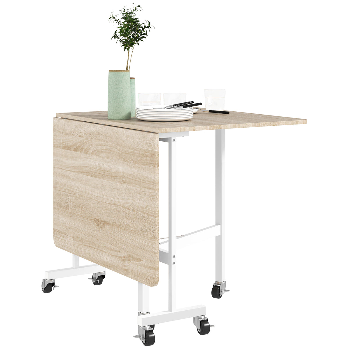 Mobile Drop Leaf Table, Folding Dining Table with 6 Wheels & Brakes, Rolling Kitchen Table for Small Spaces, 47.2", Oak