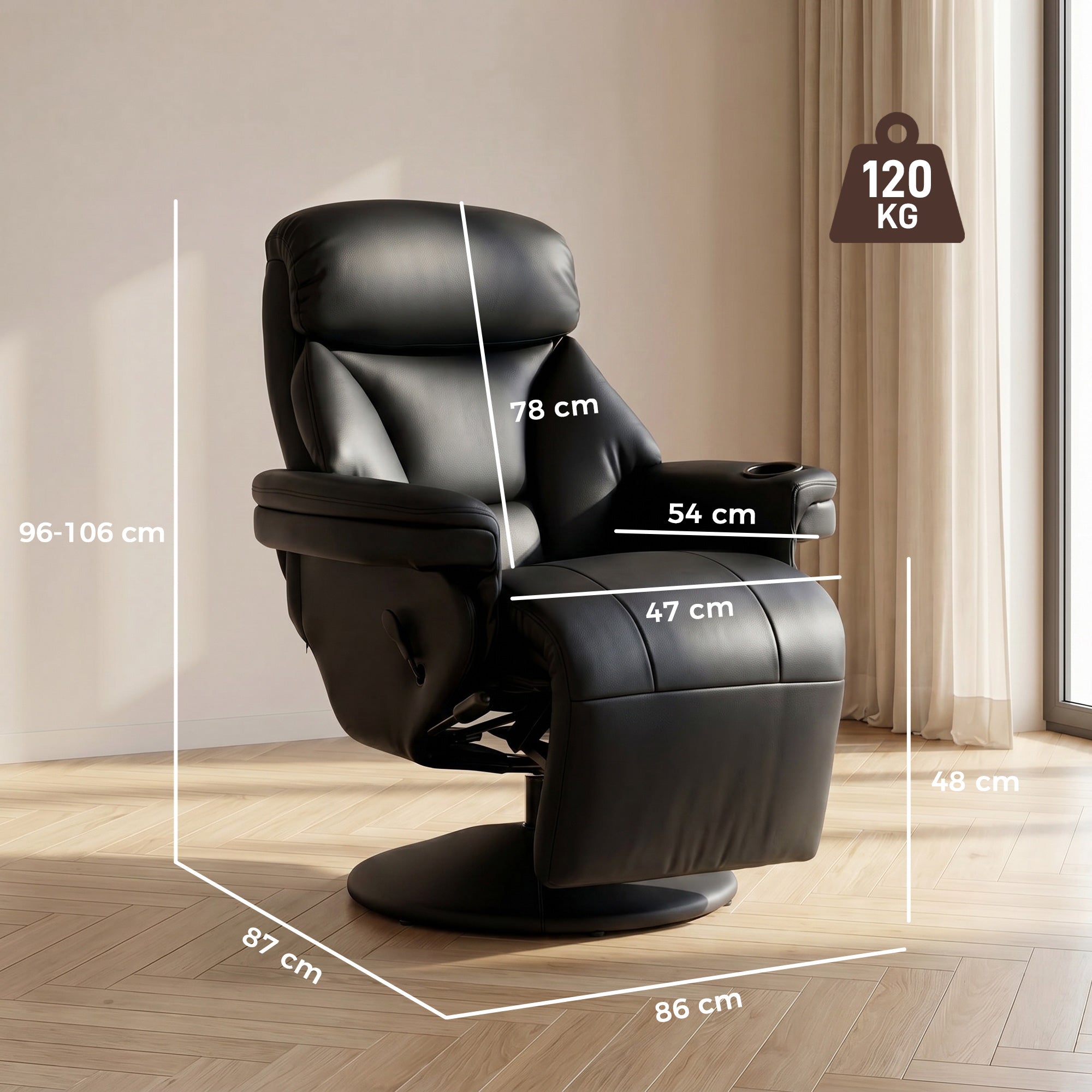 Manual Recliner Chair with Footrest, Upholstered Reclining Armchair with Adjustable Backrest and Cup Holder, PU Leather Swivel Chair for Living Room, Bedroom, Black