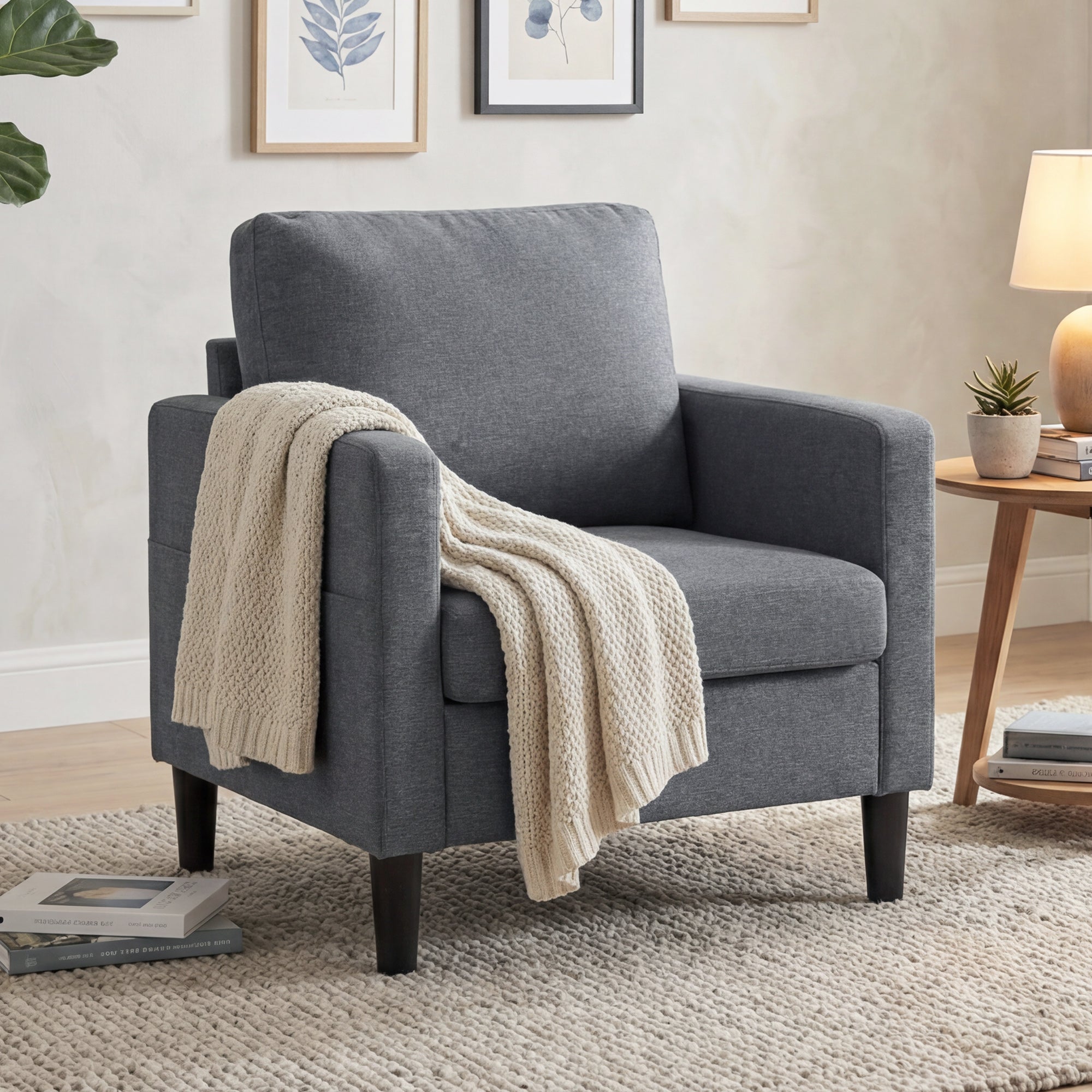 Linen-Feel Fabric Accent Chair, Modern Armchair, Living Room Chair with Armrests and Thick Padded Seat, Upholstered Single Sofa for Living Room, Bedroom, Study, Dark Grey