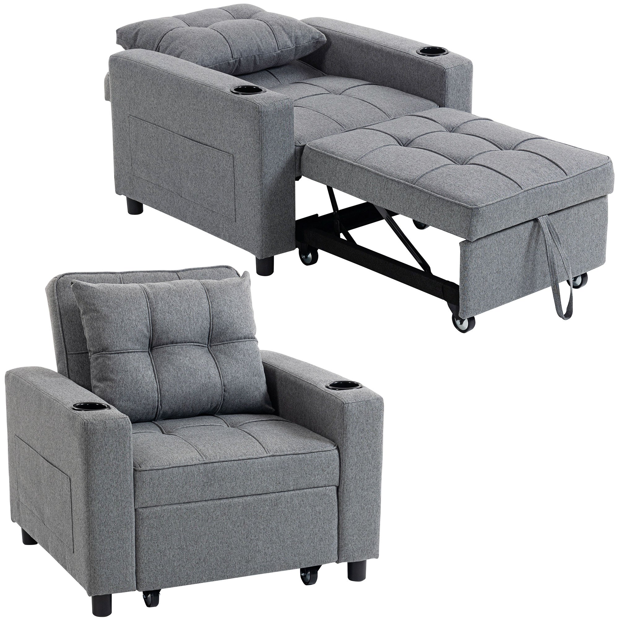 3-in-1 Single Sofa Bed, Convertible Sleeper Chair Bed with Adjustable Backrest, Fabric Pull Out Chair with Pillow, Side Pockets and Cup Holders for Living Room, Bedroom, Small Space, Dark Grey