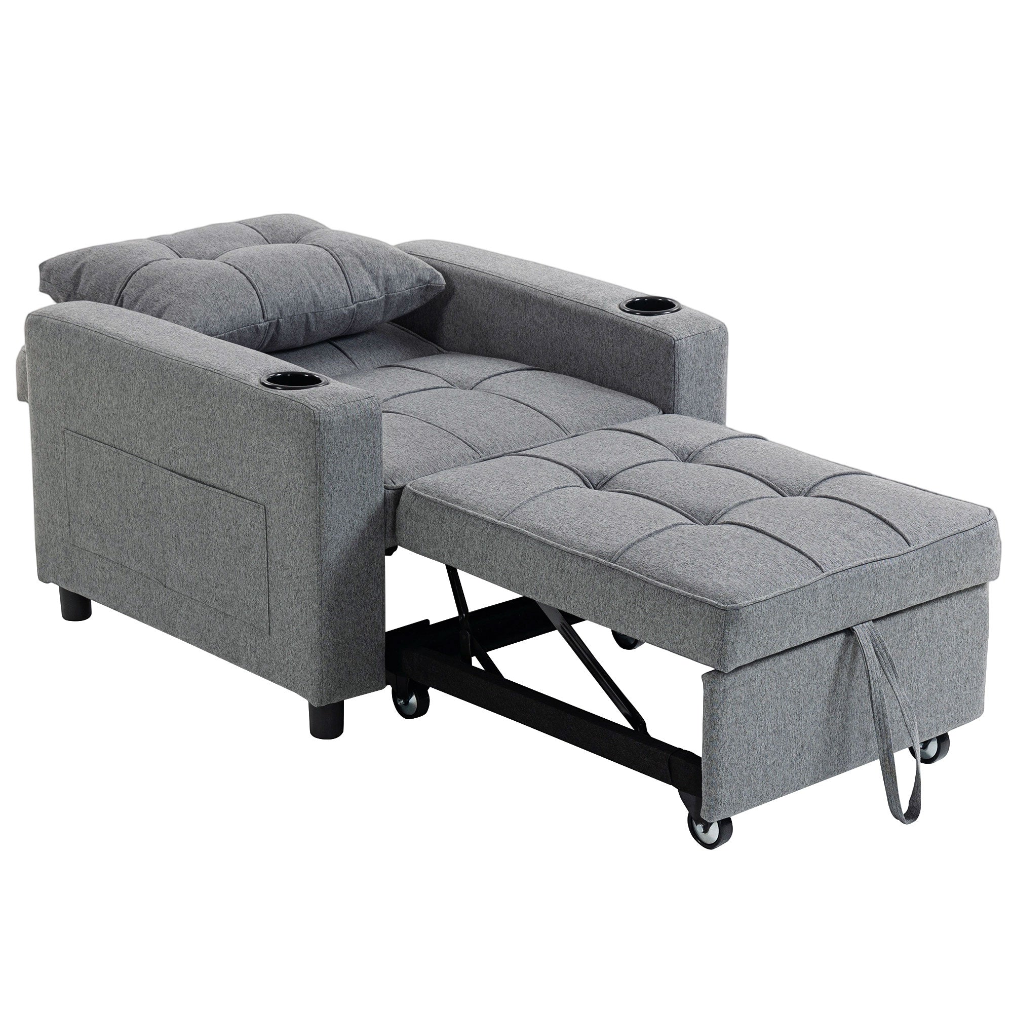 3-in-1 Single Sofa Bed, Convertible Sleeper Chair Bed with Adjustable Backrest, Fabric Pull Out Chair with Pillow, Side Pockets and Cup Holders for Living Room, Bedroom, Small Space, Dark Grey