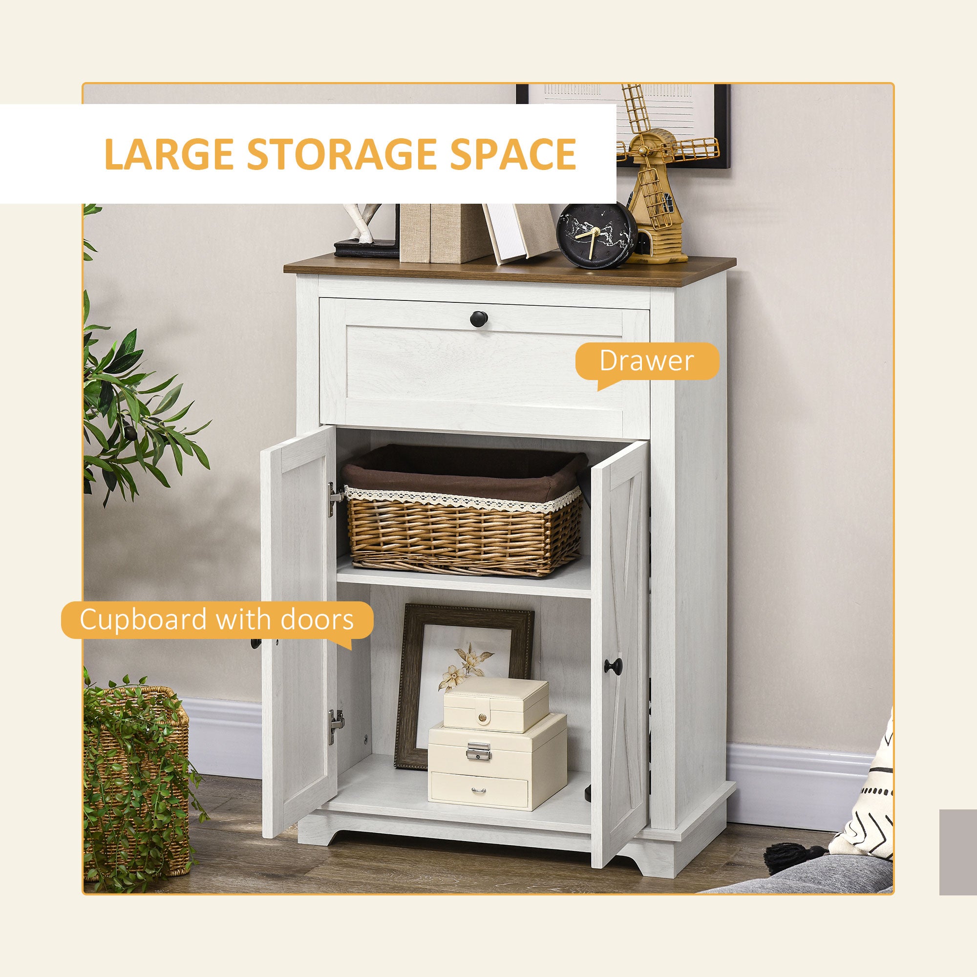 Farmhouse Sideboard Storage Cabinet with Doors and Drawer, 23.5"x11.75"x34.5", White