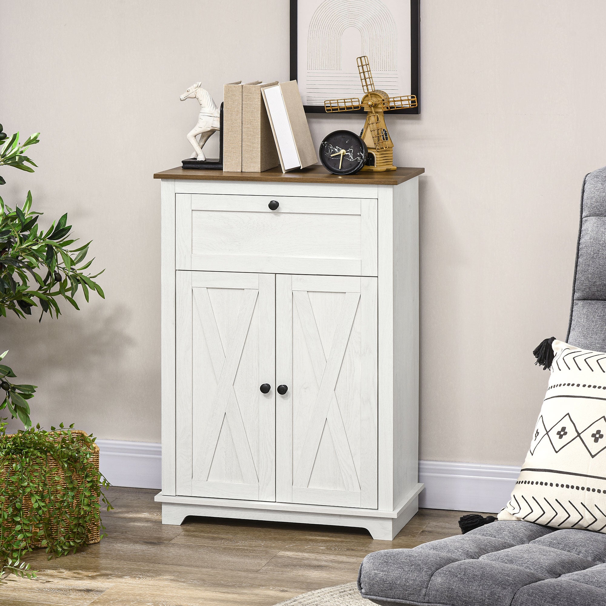 Farmhouse Sideboard Storage Cabinet with Doors and Drawer, 23.5"x11.75"x34.5", White