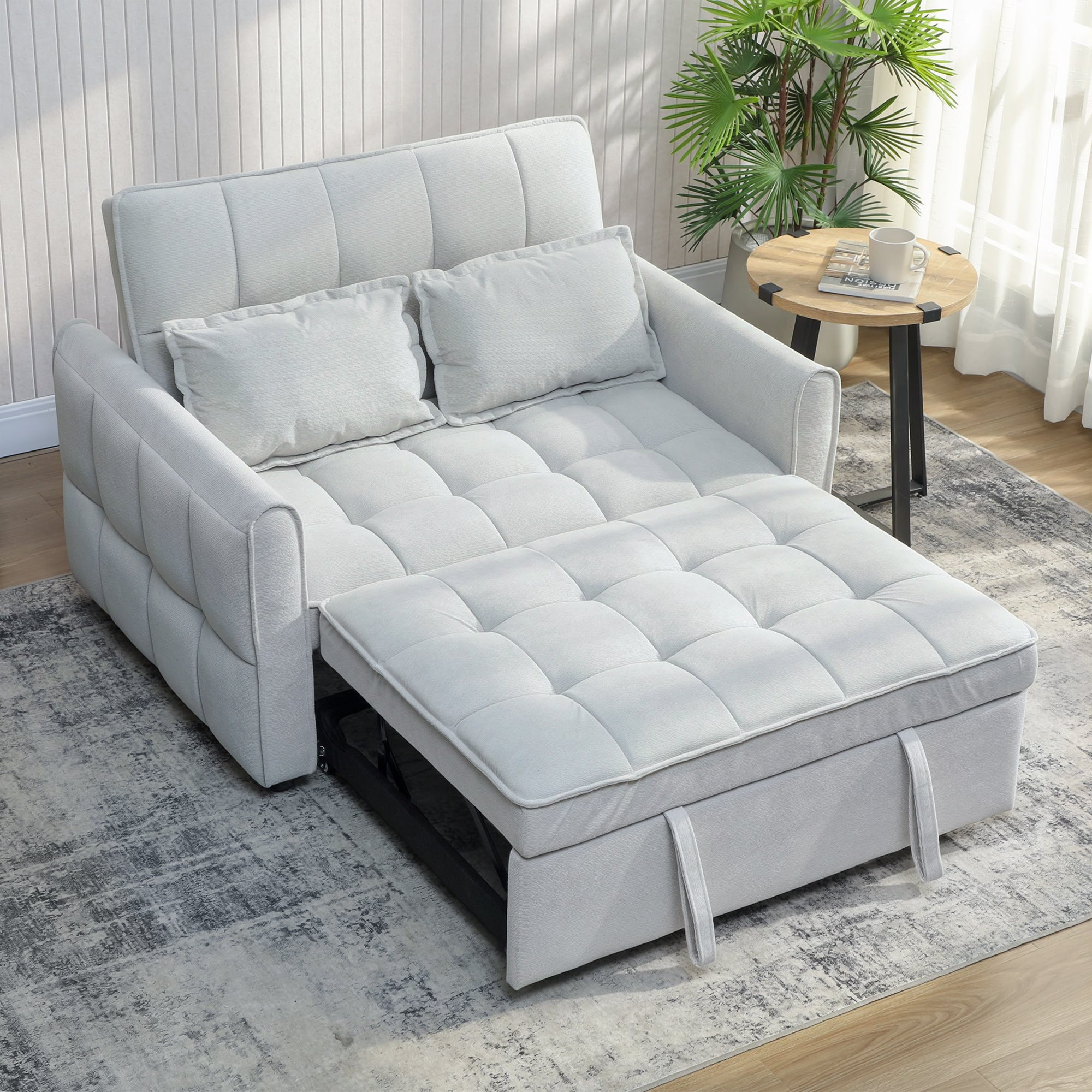 2 Seater Sofa Bed, 3-in-1 Convertible Sleeper Sofa with Click-clack Adjustable Backrest and 2 Pillows, Pull Out Corn Velvet-feel Fabric Bed Settee for Living Room, Guest Room, Light Grey