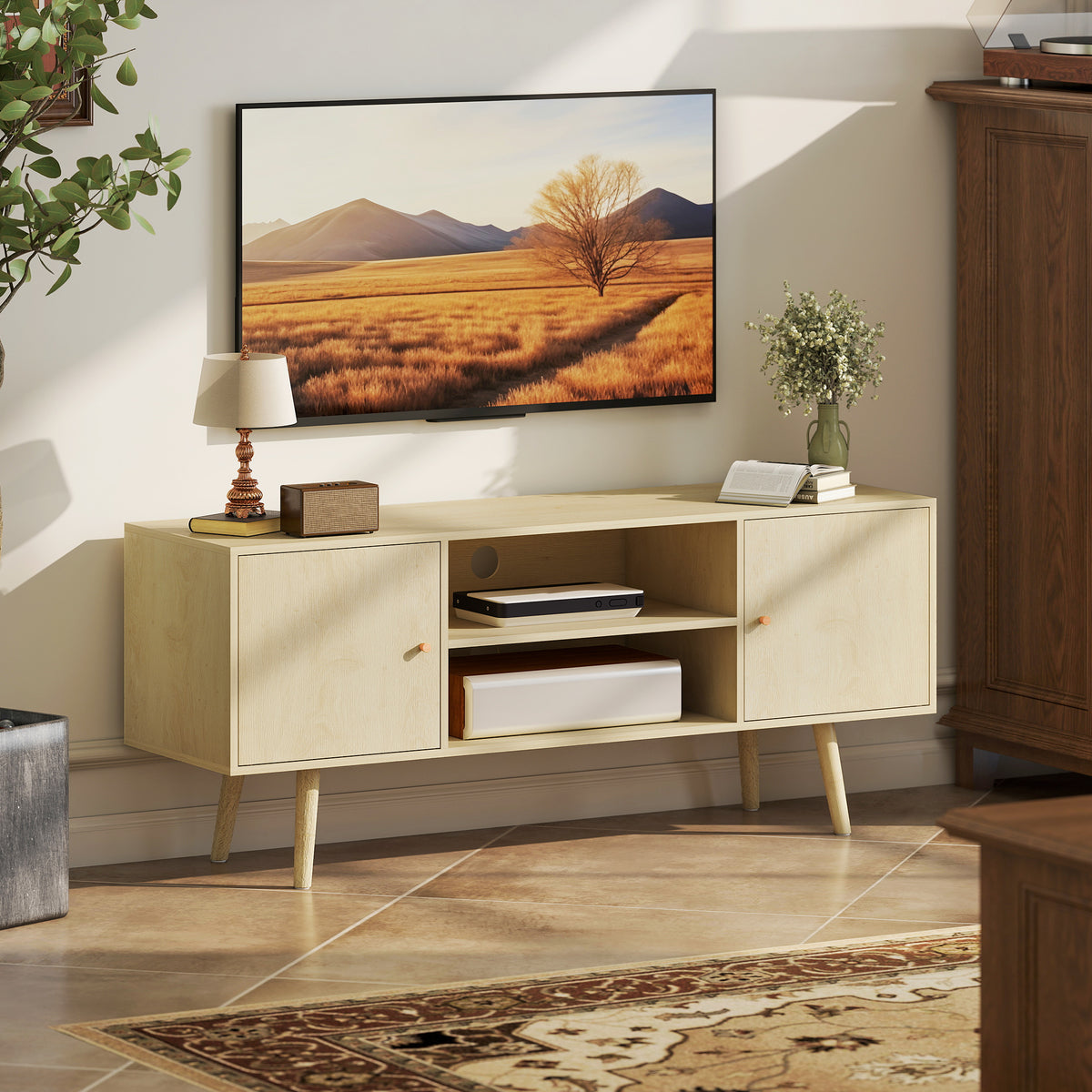 TV Stand Cabinet for TVs up to 55 Inches, Entertainment Unit with Storage Shelves and Wood Legs for Living Room, Natural Wood