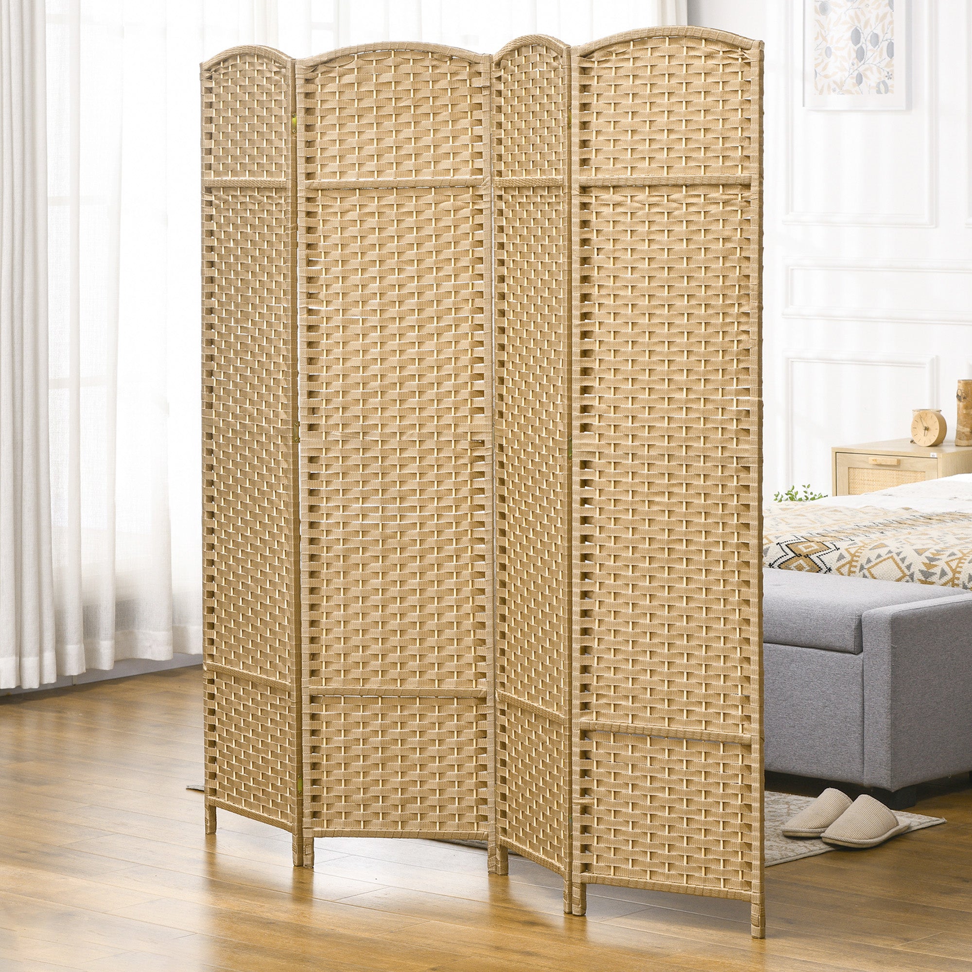 4 Panel 5.6' Tall Privacy Screen Freestanding Room Divider, Nature Wood
