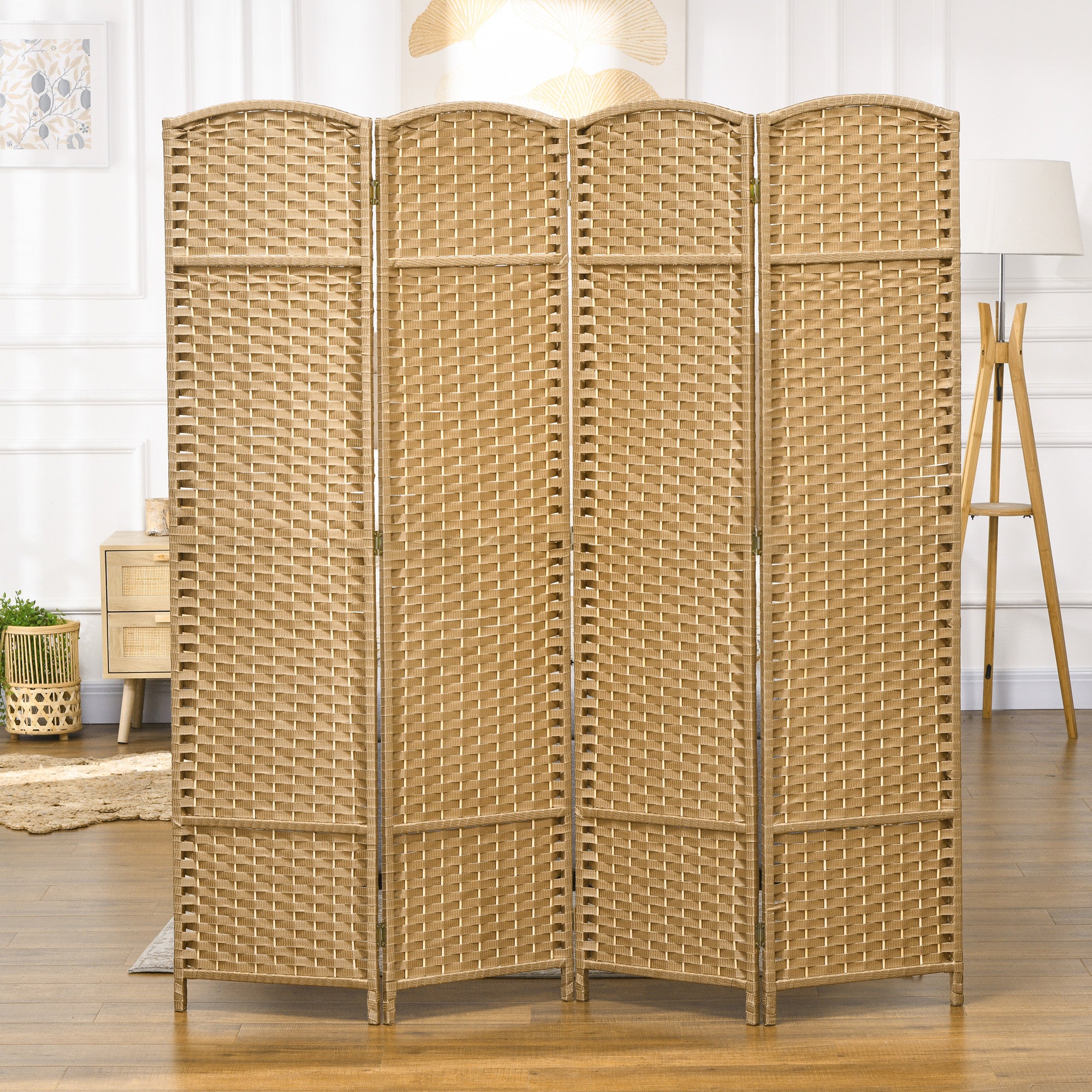 4 Panel 5.6' Tall Privacy Screen Freestanding Room Divider, Nature Wood