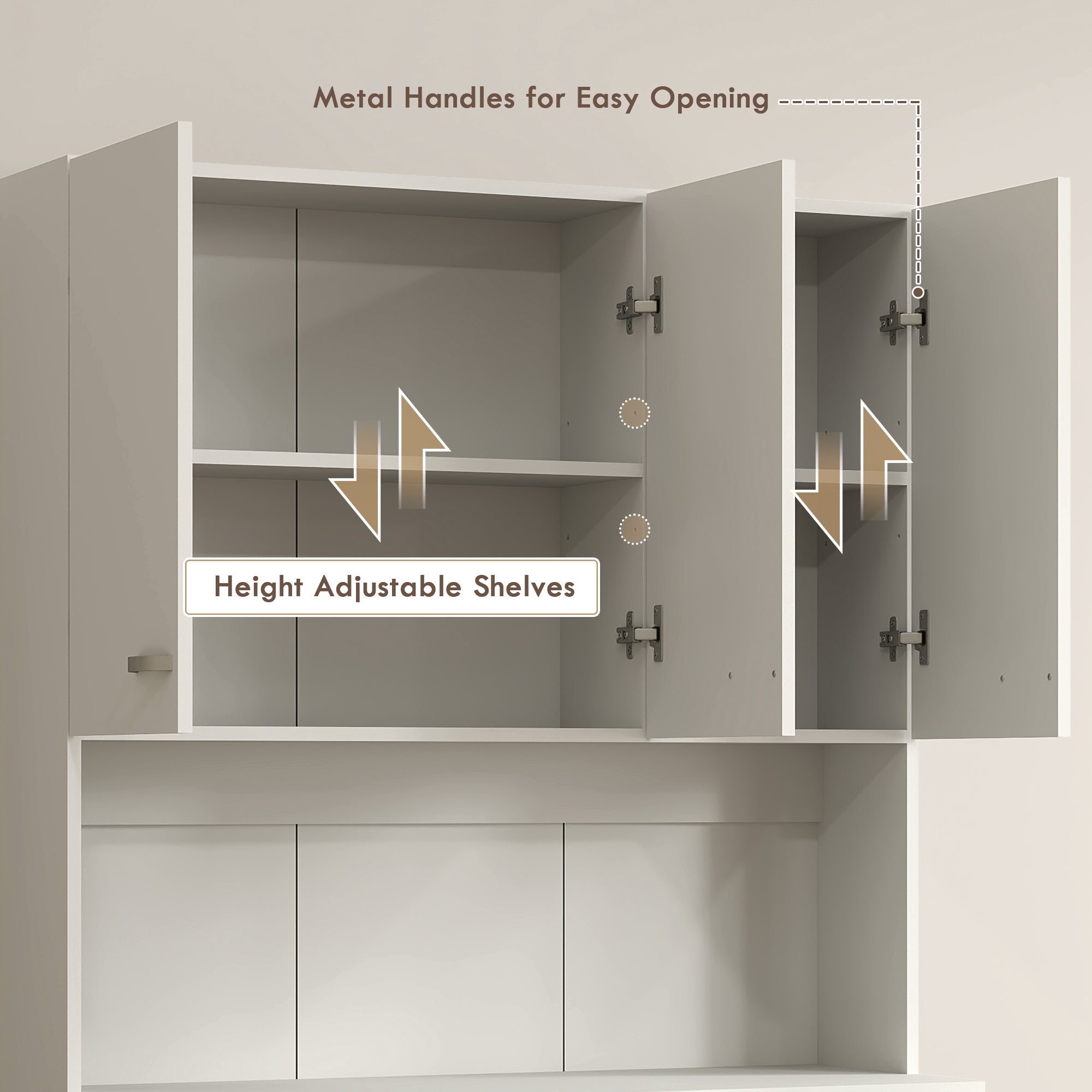 HOMCOM Kitchen Cupboard, Freestanding Kitchen Storage Cabinet with 6 Doors, Drawer, Adjustable Shelves and Open Countertop for Dining Room, Cream White