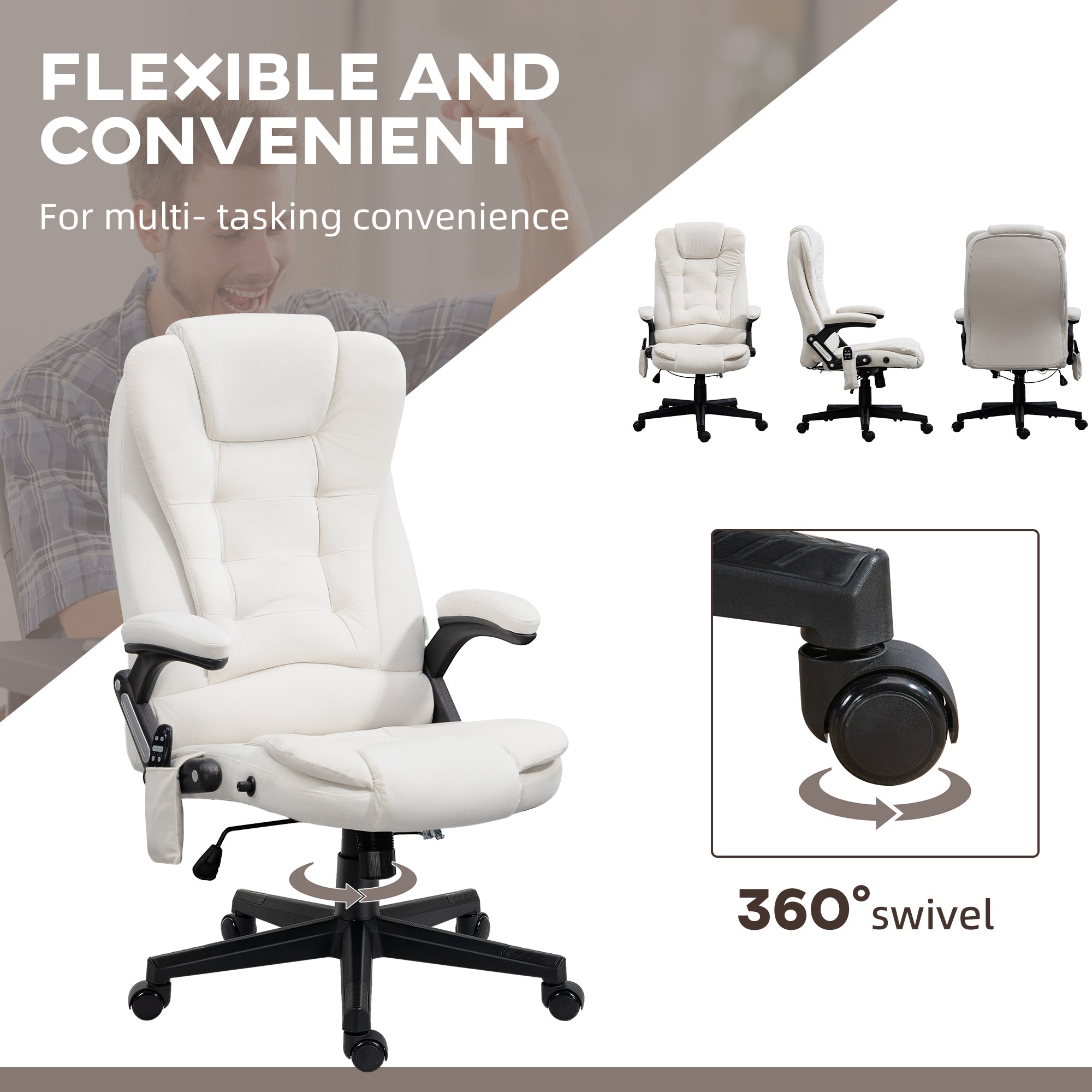 6 Points Heated Executive Office Chair, Velvet High Back Massage Office Chair, Cream White