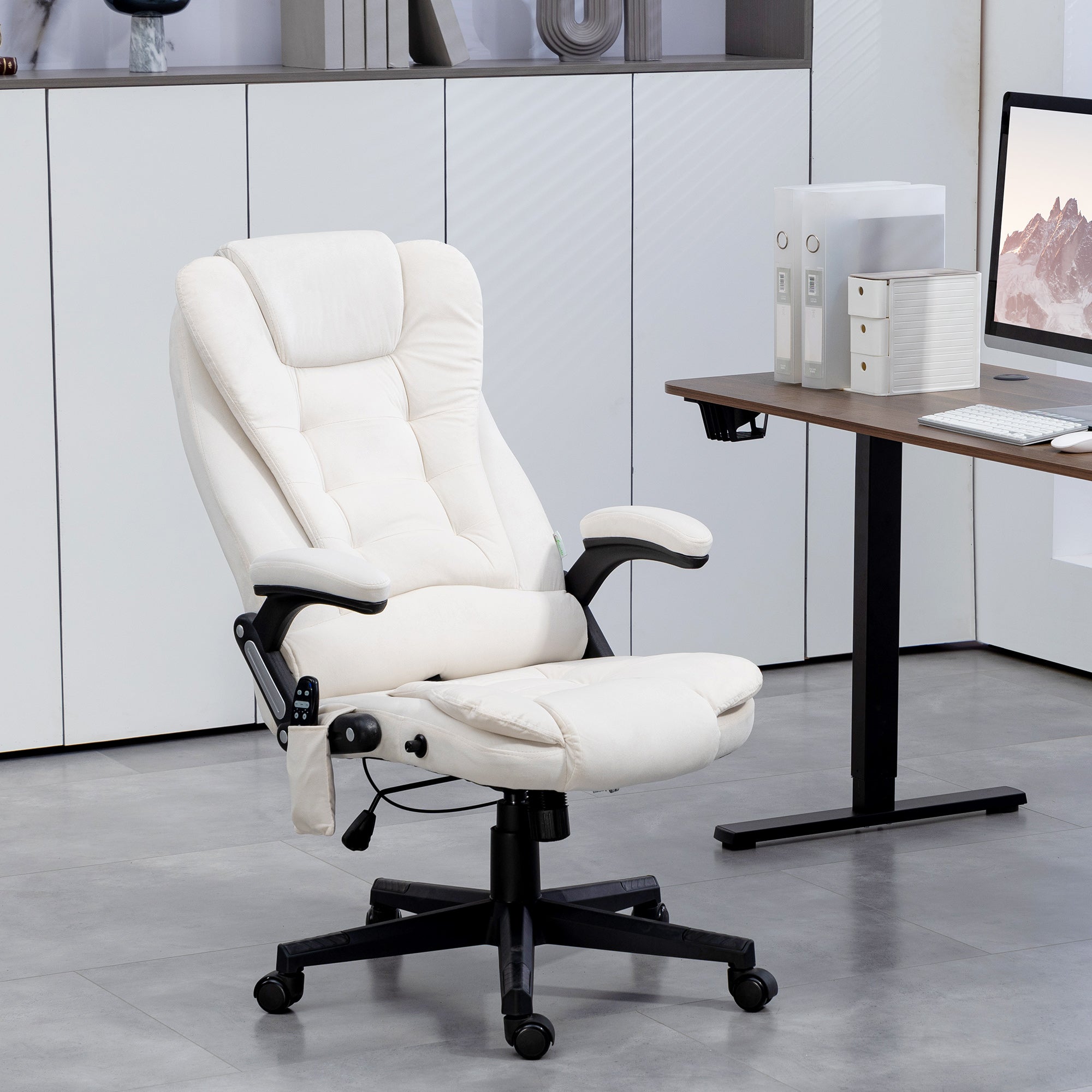 6 Points Heated Executive Office Chair, Velvet High Back Massage Office Chair, Cream White