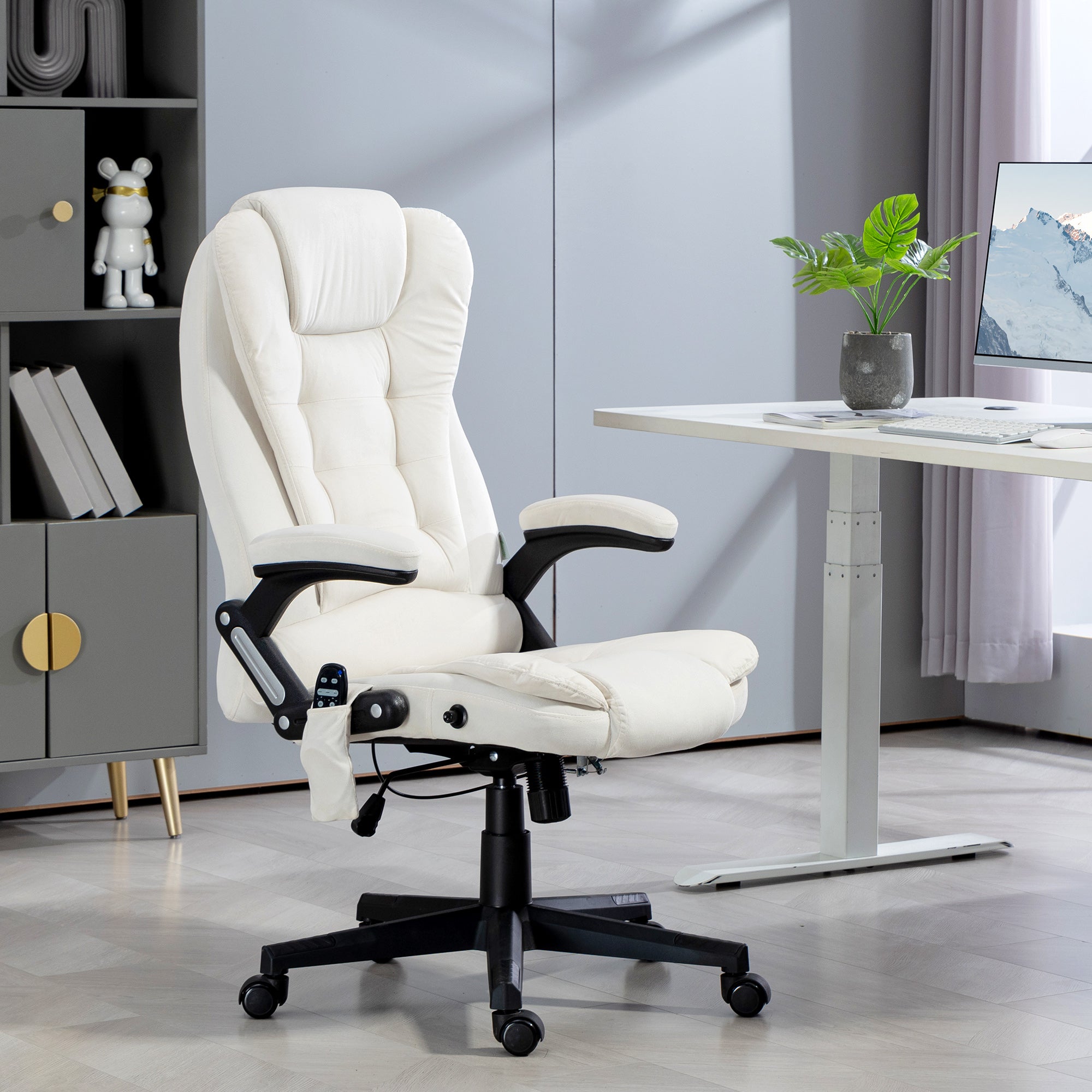 6 Points Heated Executive Office Chair, Velvet High Back Massage Office Chair, Cream White