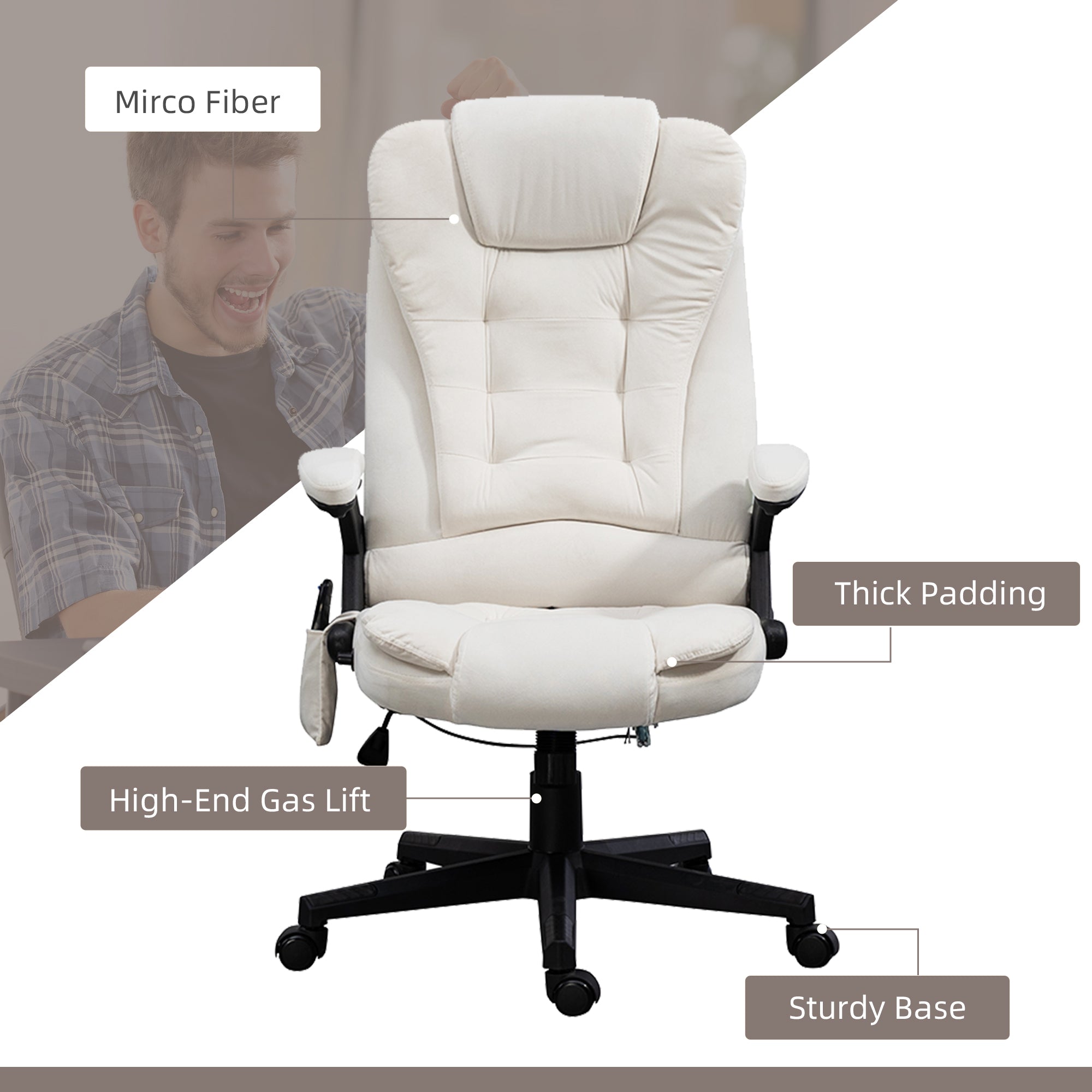 6 Points Heated Executive Office Chair, Velvet High Back Massage Office Chair, Cream White