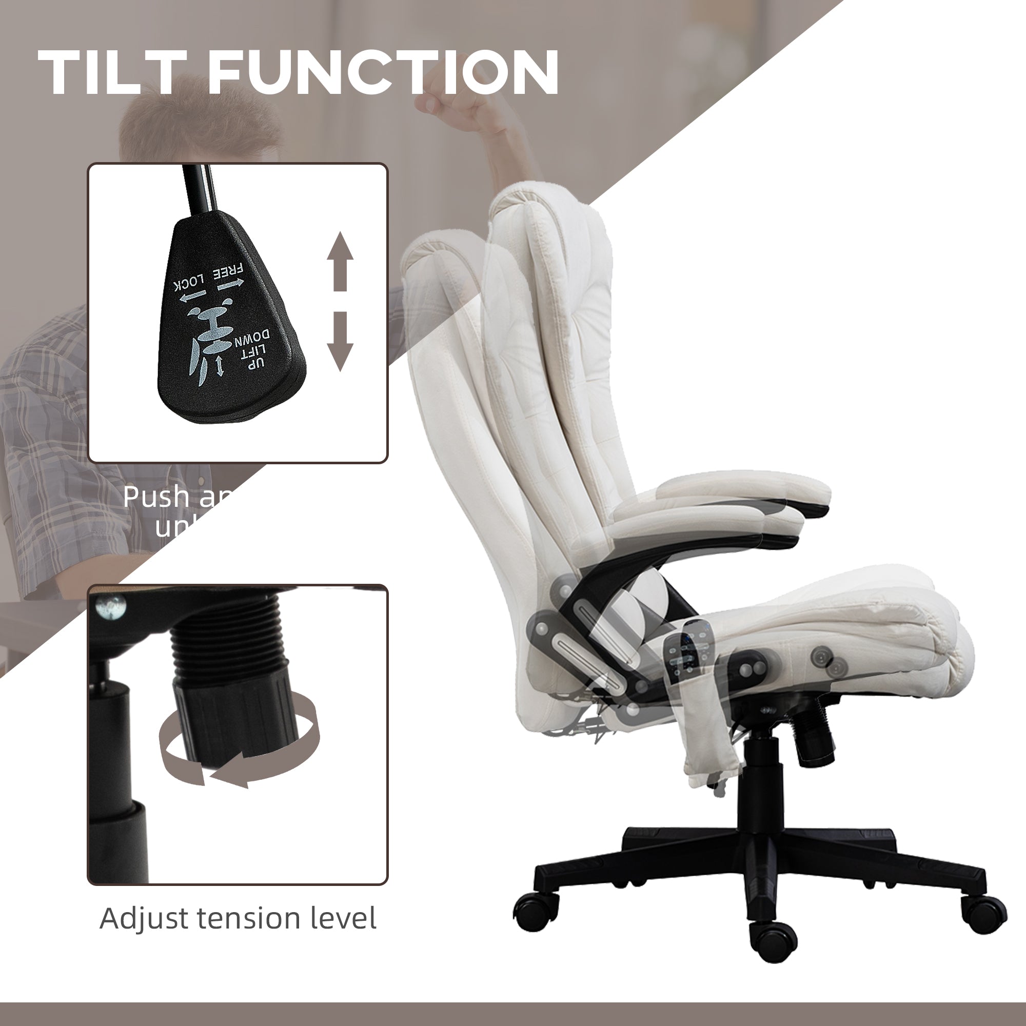 6 Points Heated Executive Office Chair, Velvet High Back Massage Office Chair, Cream White