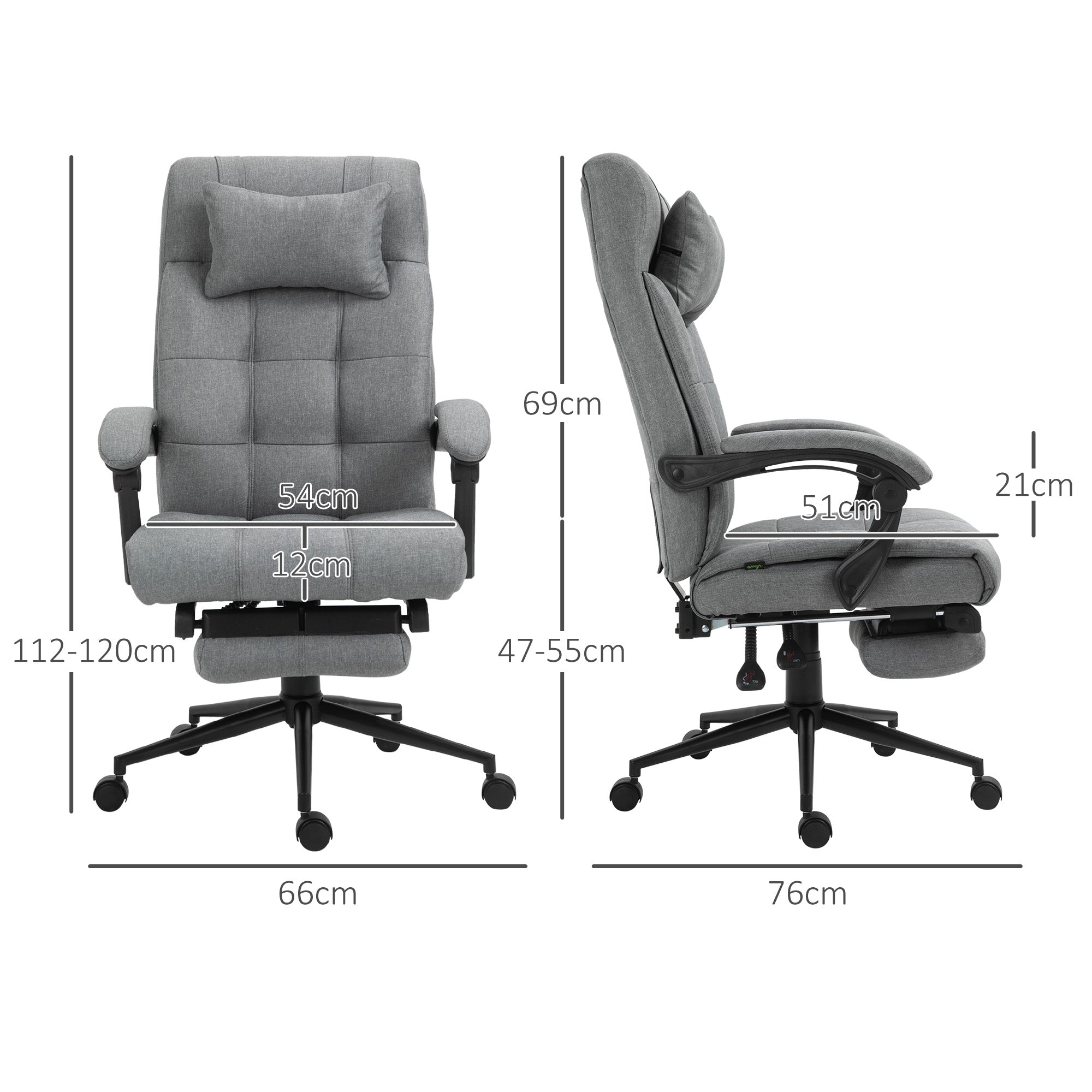 Vinsetto Office Chair Ergonomic Desk Chair, Computer Chair with Footrest & Head Pillow, 360° Swivel Recliner Chair for Home Office, Light Grey