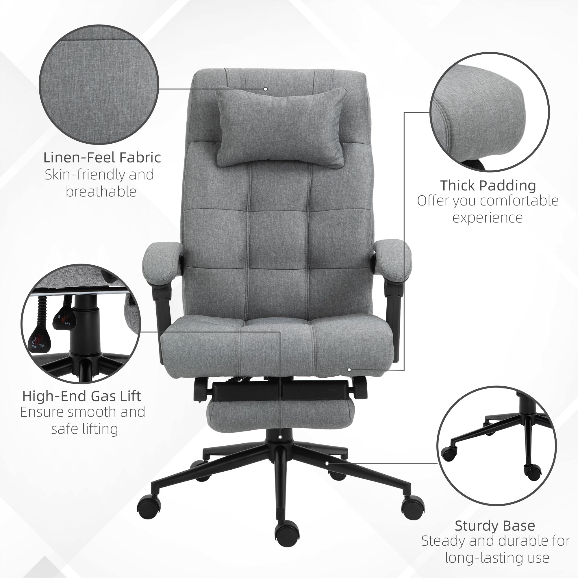 Vinsetto Office Chair Ergonomic Desk Chair, Computer Chair with Footrest & Head Pillow, 360° Swivel Recliner Chair for Home Office, Light Grey