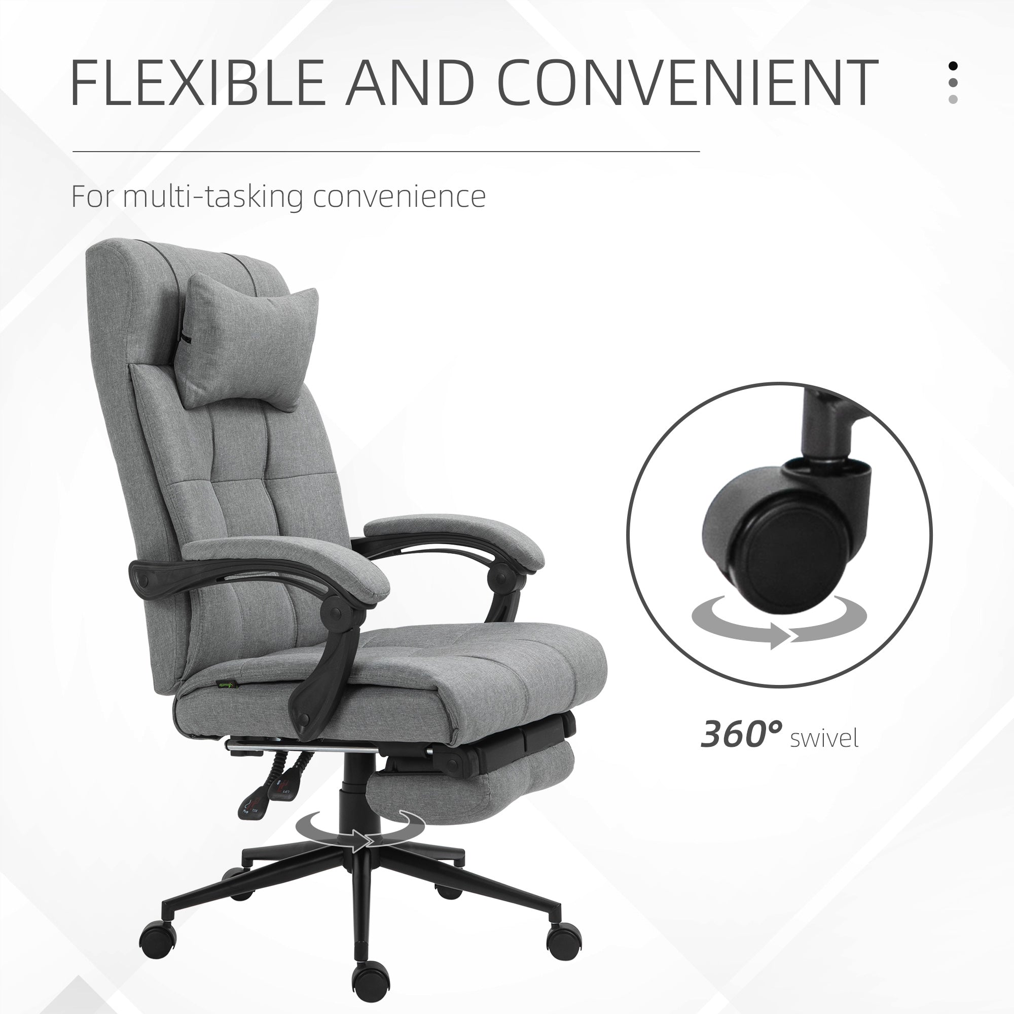 Vinsetto Office Chair Ergonomic Desk Chair, Computer Chair with Footrest & Head Pillow, 360° Swivel Recliner Chair for Home Office, Light Grey