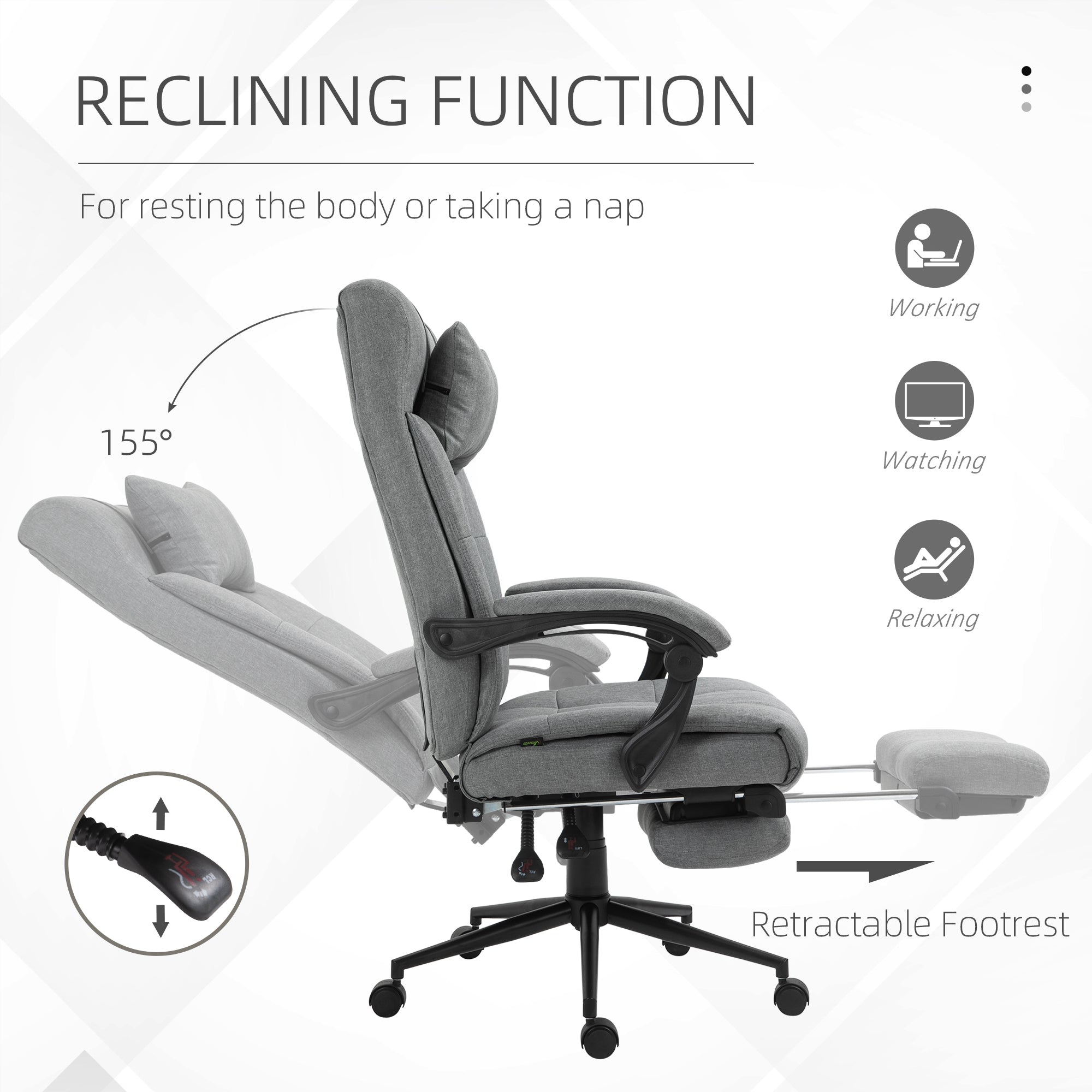 Vinsetto Office Chair Ergonomic Desk Chair, Computer Chair with Footrest & Head Pillow, 360° Swivel Recliner Chair for Home Office, Light Grey