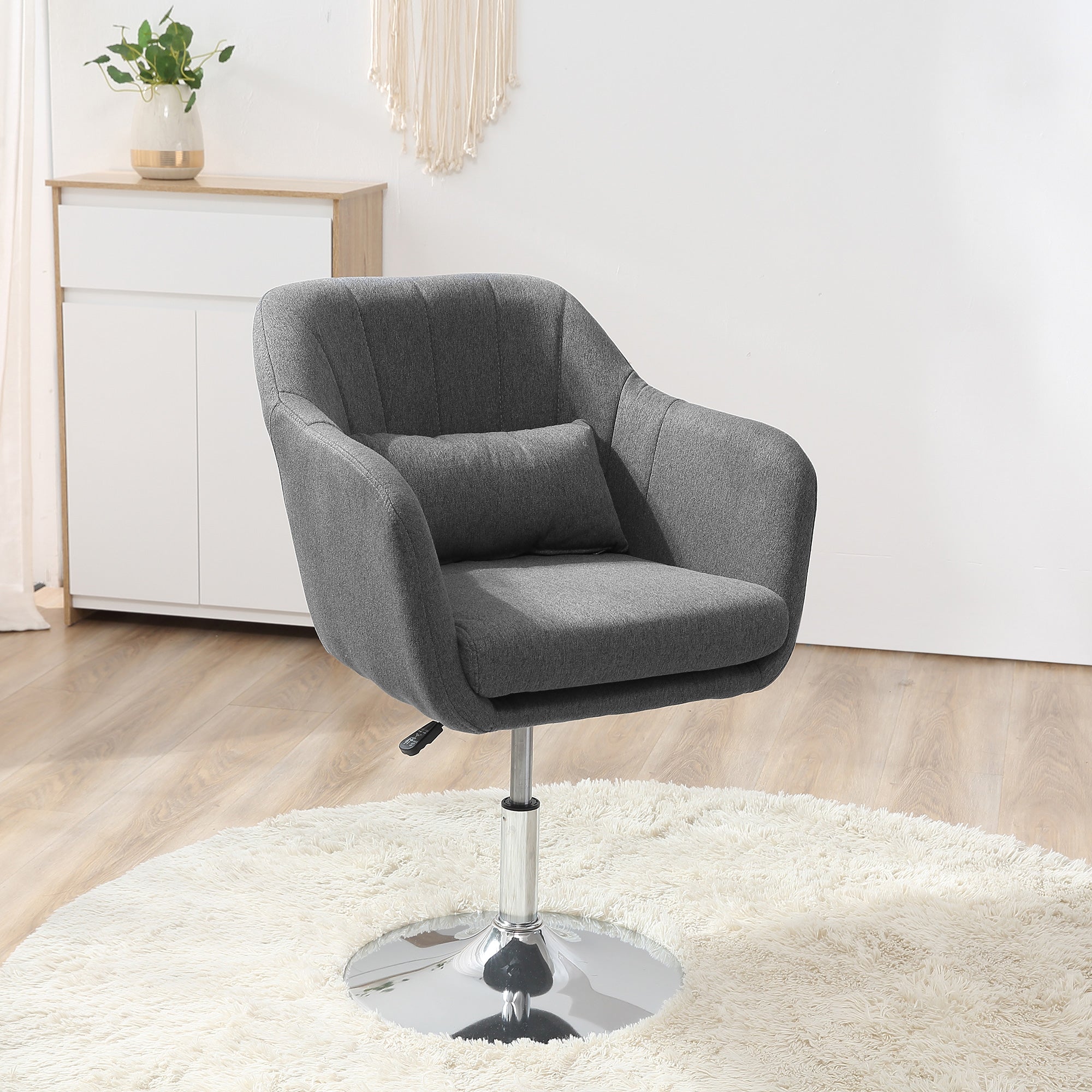 HOMCOM Swivel Linen Fabric Accent Chair for Living Room Contemporary Vanity Armchair with Adjustable Height Thick Cushion Lumbar Support Armrest for Bedroom Office Dark Grey