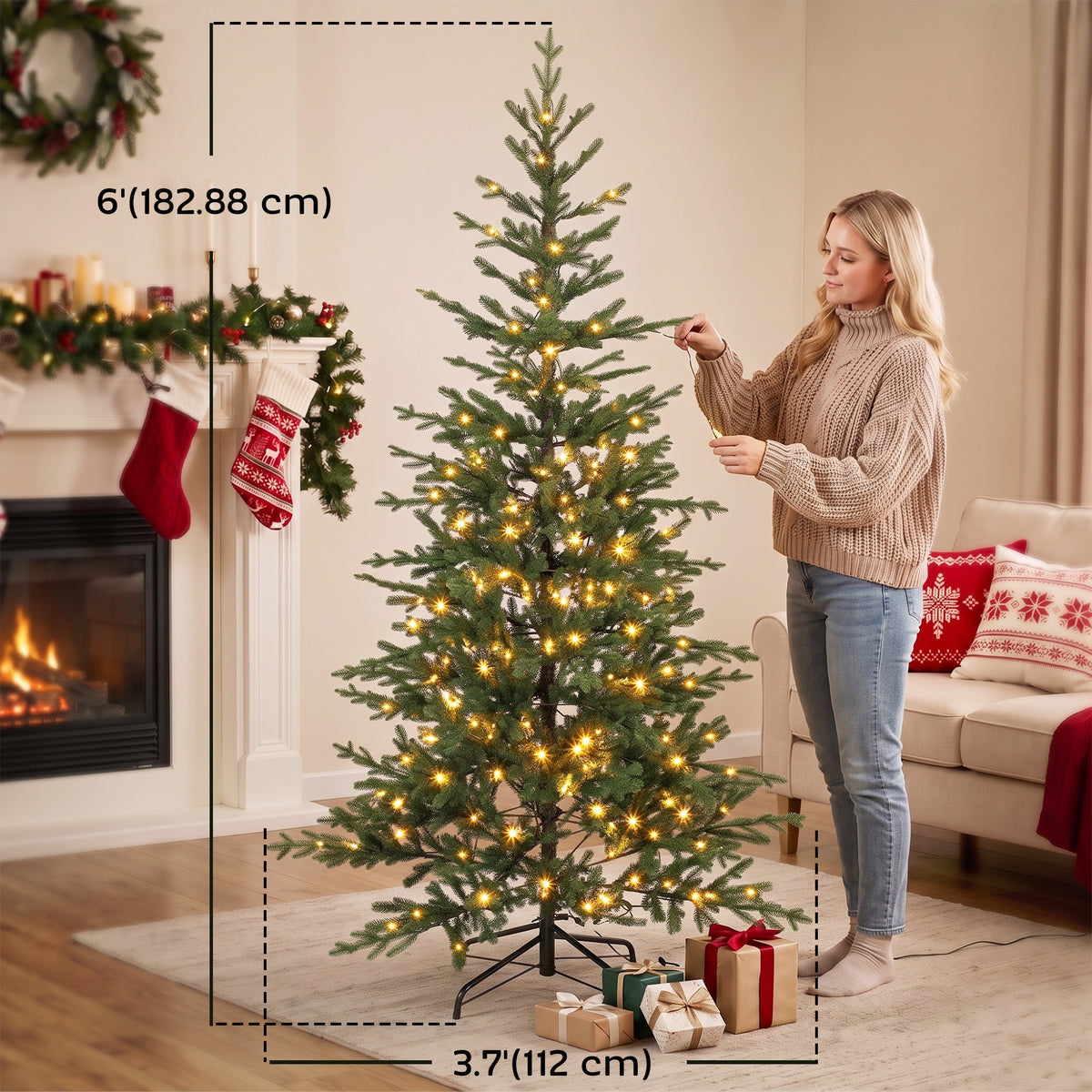 6ft Prelit Sparse Christmas Tree, Artificial Downswept Hinged Xmas Tree with 200 Warm White LED Lights, 8 Modes, 1577 Tips, Metal Stand, Green