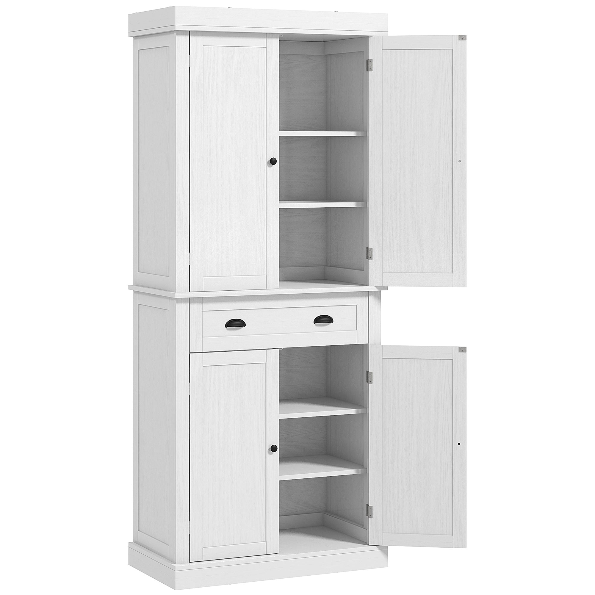 72.5" Freestanding Food Pantry Cabinet with Drawer, Doors and Shelves, White Wood Grain