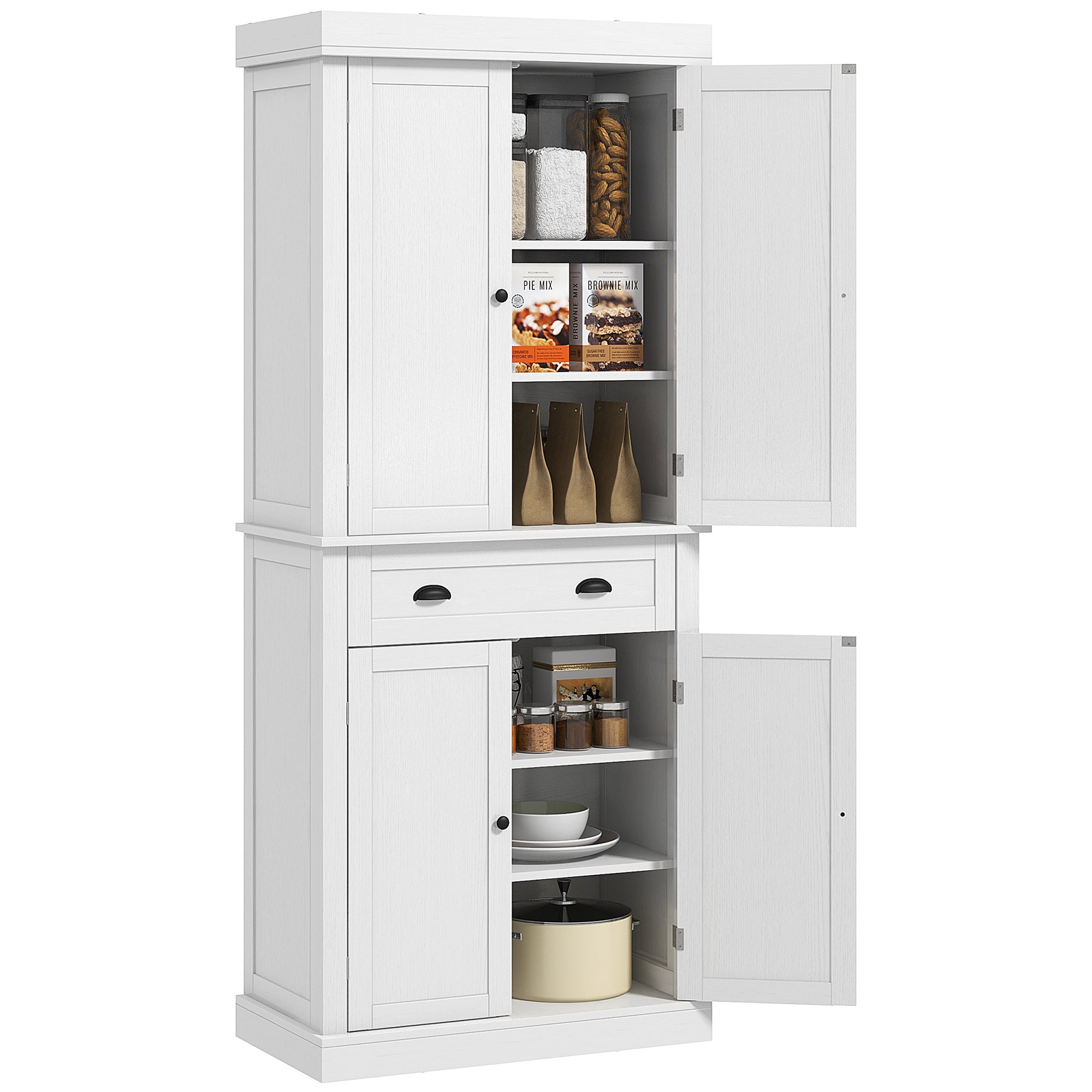 72.5" Freestanding Food Pantry Cabinet with Drawer, Doors and Shelves, White Wood Grain