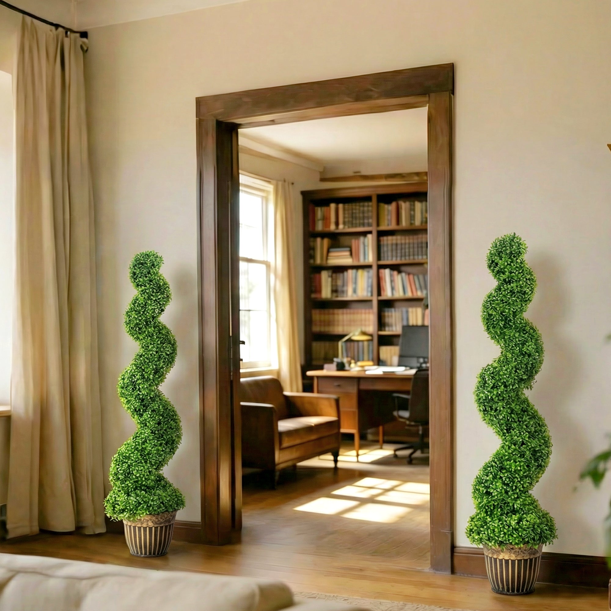 Set of 2 Decorative Artificial Plants Topiary Spiral Boxwood Trees in Pot, Fake Plants for Home Indoor Outdoor Decor, 150cm, Green