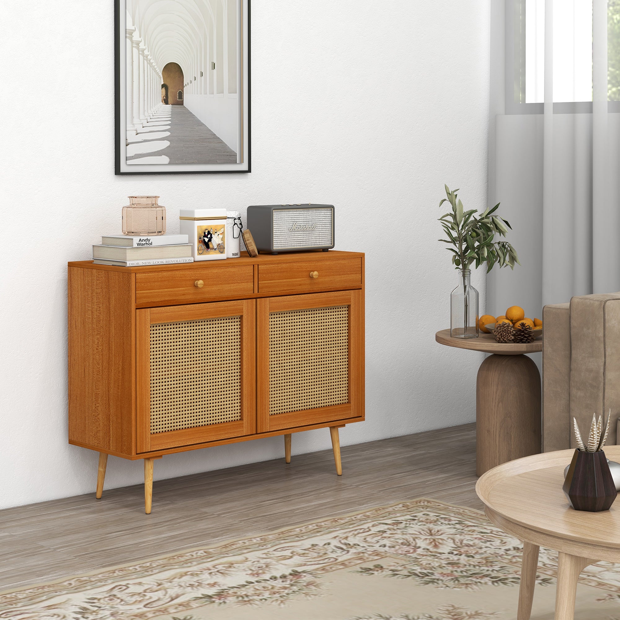 Kitchen Storage Cabinet Garage Cabinets w/ 3 Rattan Doors & Adjustable Shelf, Light Brown