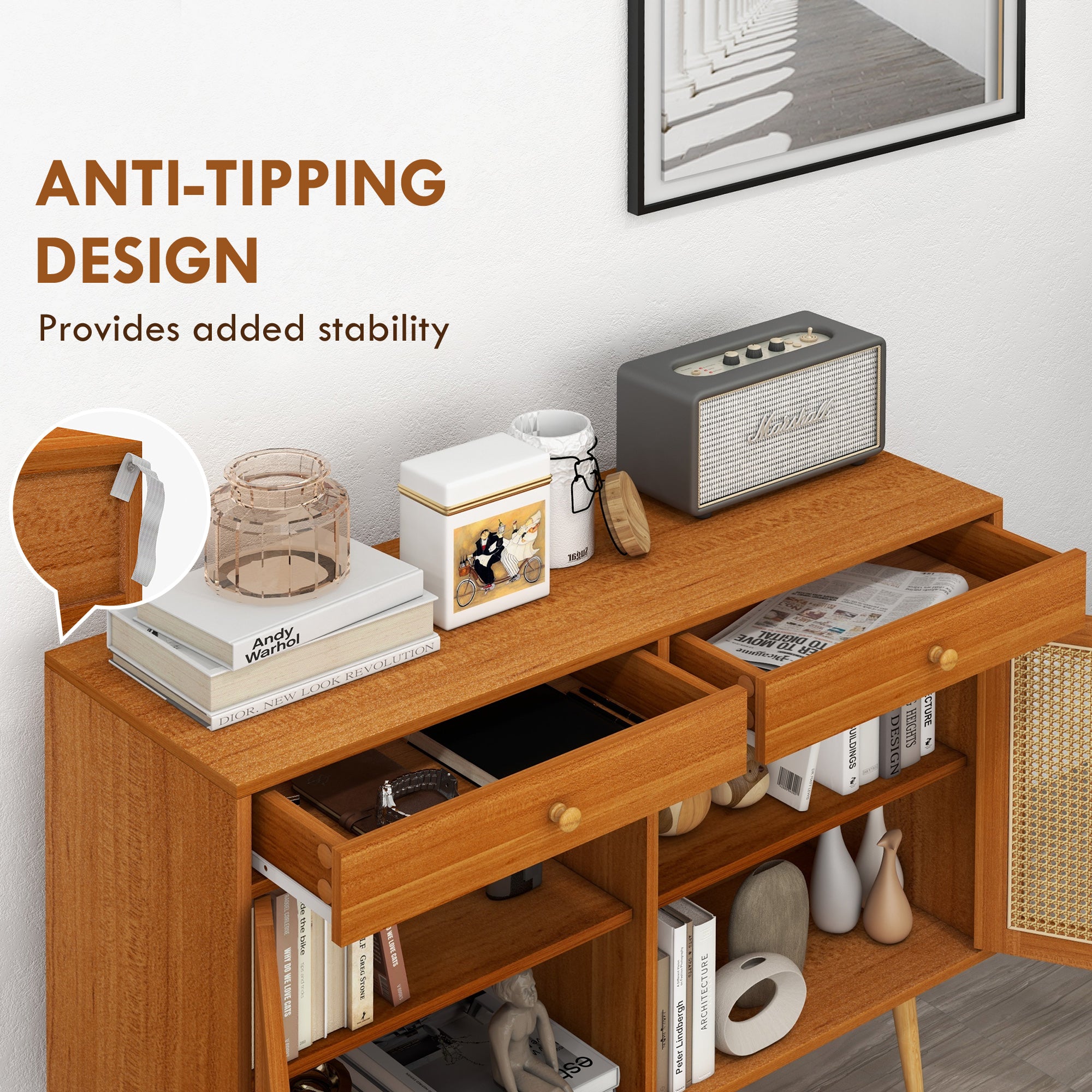 Kitchen Storage Cabinet Garage Cabinets w/ 3 Rattan Doors & Adjustable Shelf, Light Brown