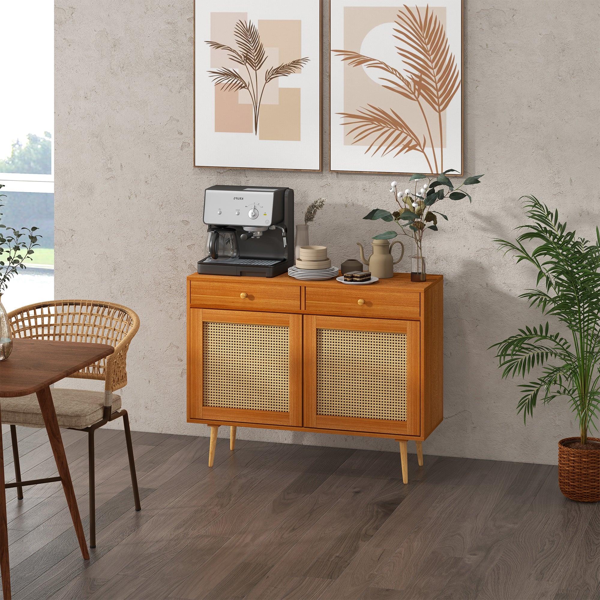 Kitchen Storage Cabinet Garage Cabinets w/ 3 Rattan Doors & Adjustable Shelf, Light Brown