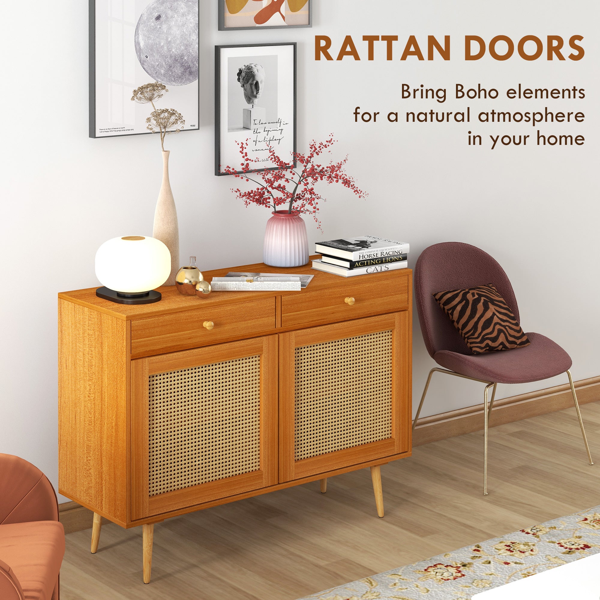 Kitchen Storage Cabinet Garage Cabinets w/ 3 Rattan Doors & Adjustable Shelf, Light Brown