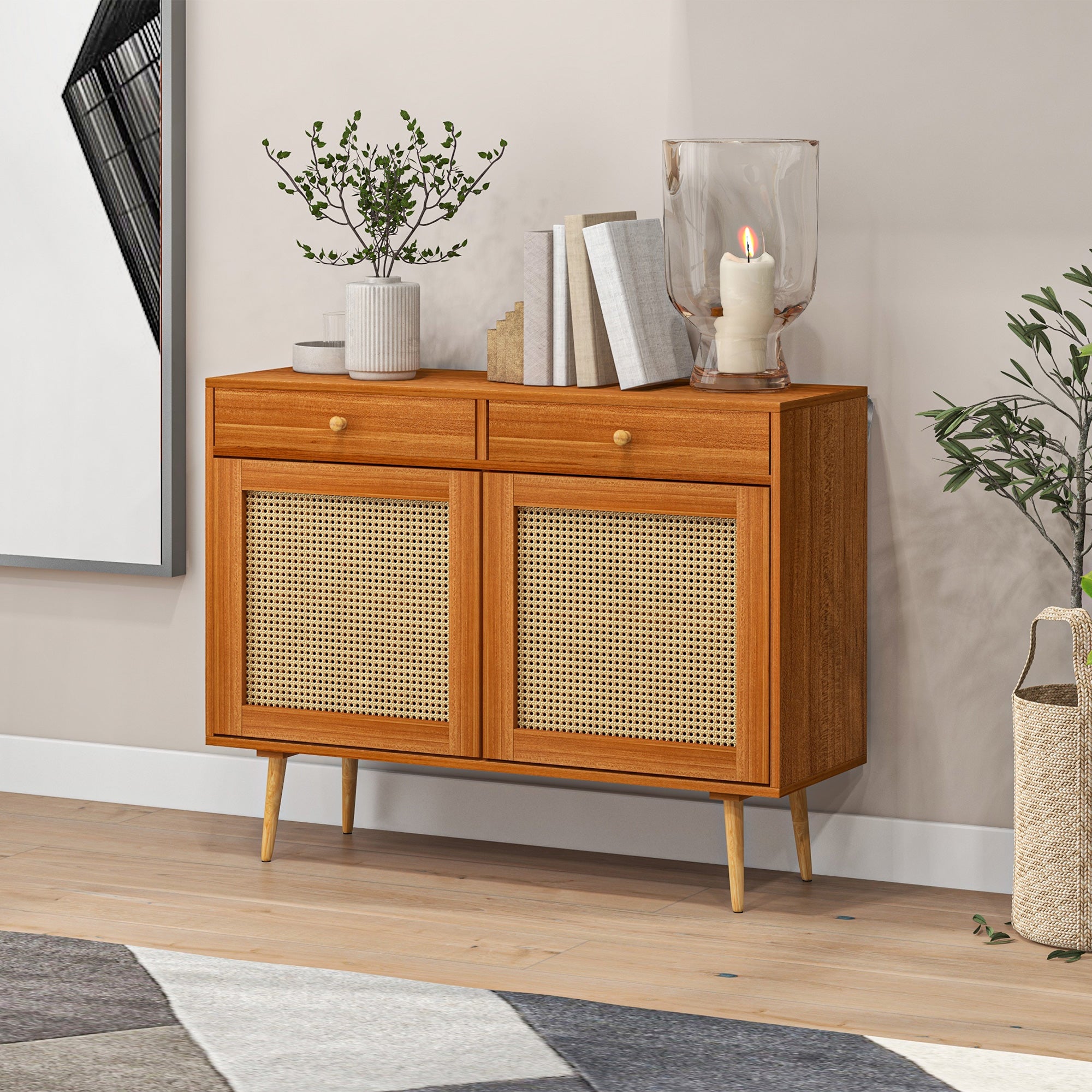 Kitchen Storage Cabinet Garage Cabinets w/ 3 Rattan Doors & Adjustable Shelf, Light Brown