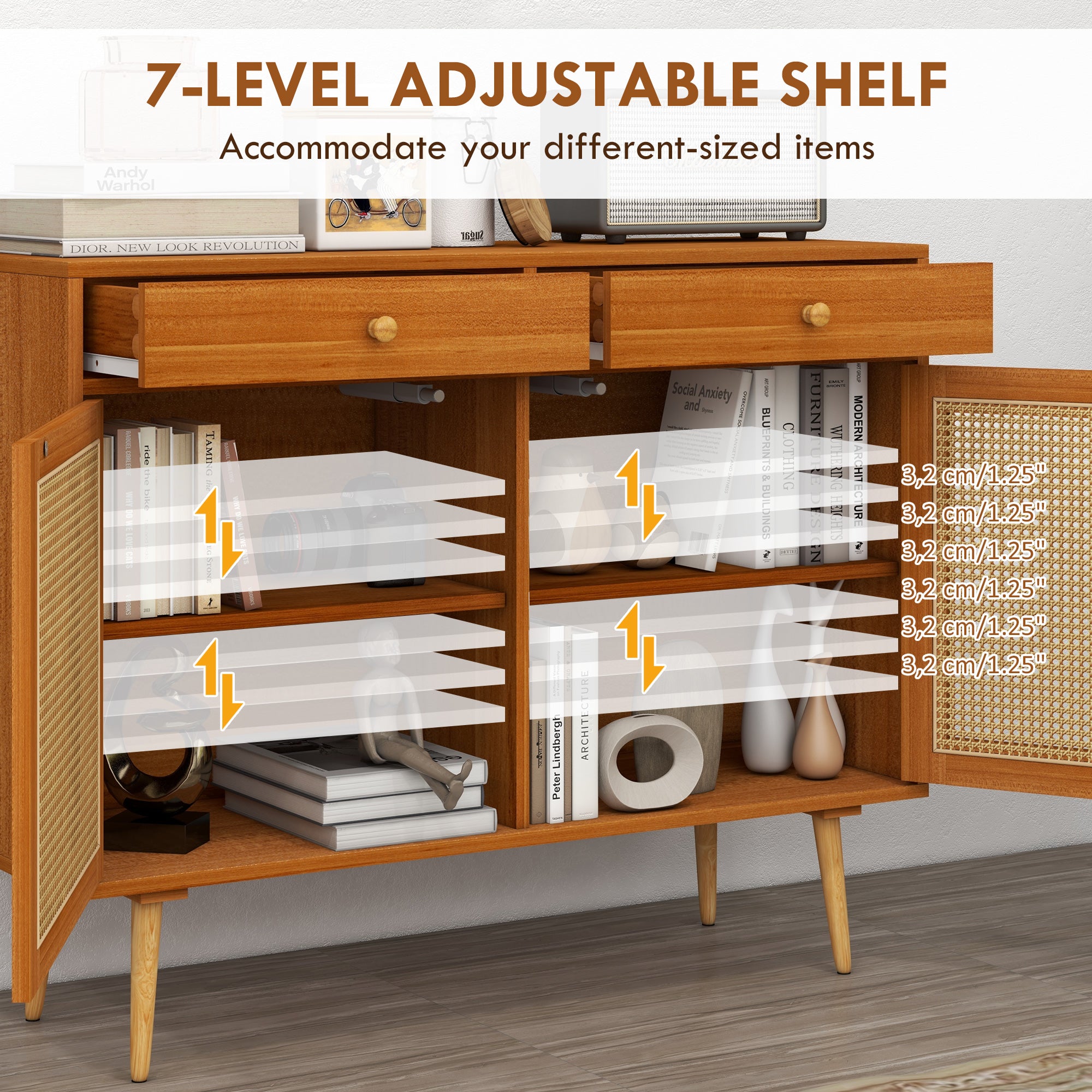 Kitchen Storage Cabinet Garage Cabinets w/ 3 Rattan Doors & Adjustable Shelf, Light Brown