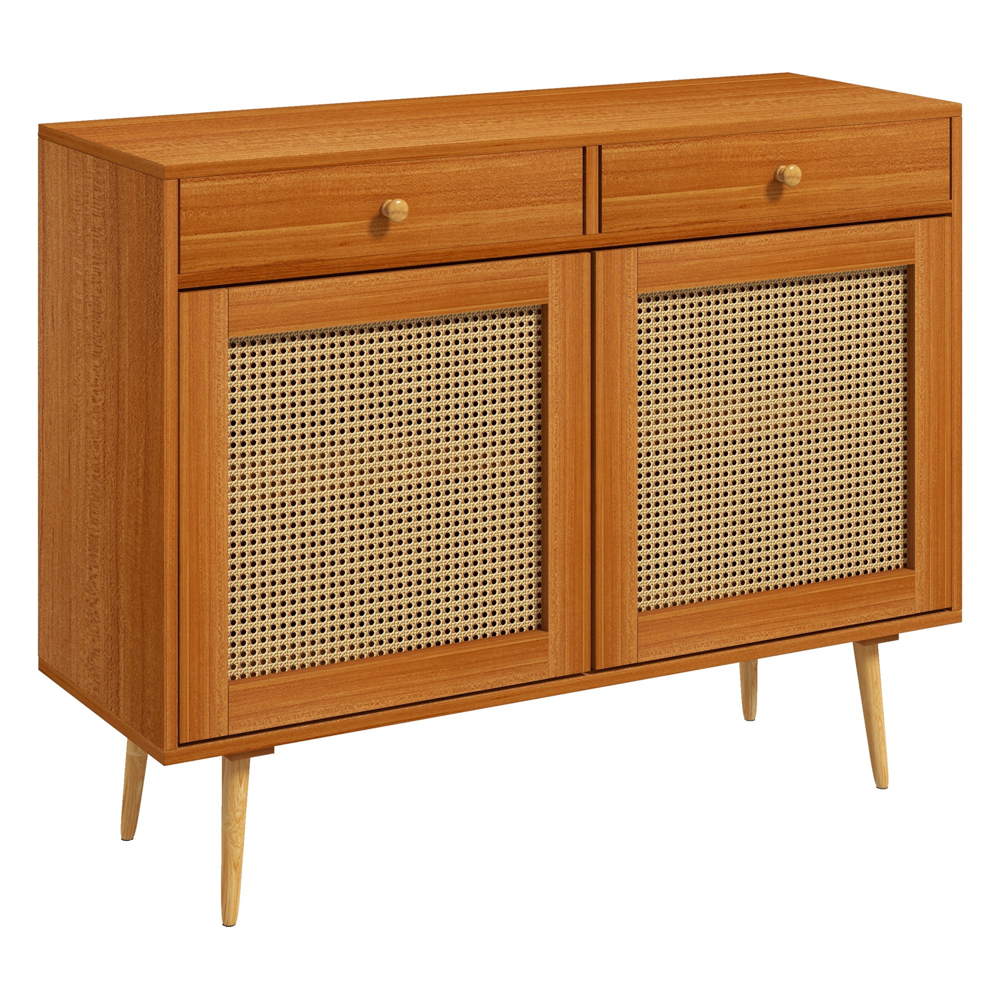 Kitchen Storage Cabinet Garage Cabinets w/ 3 Rattan Doors & Adjustable Shelf, Light Brown