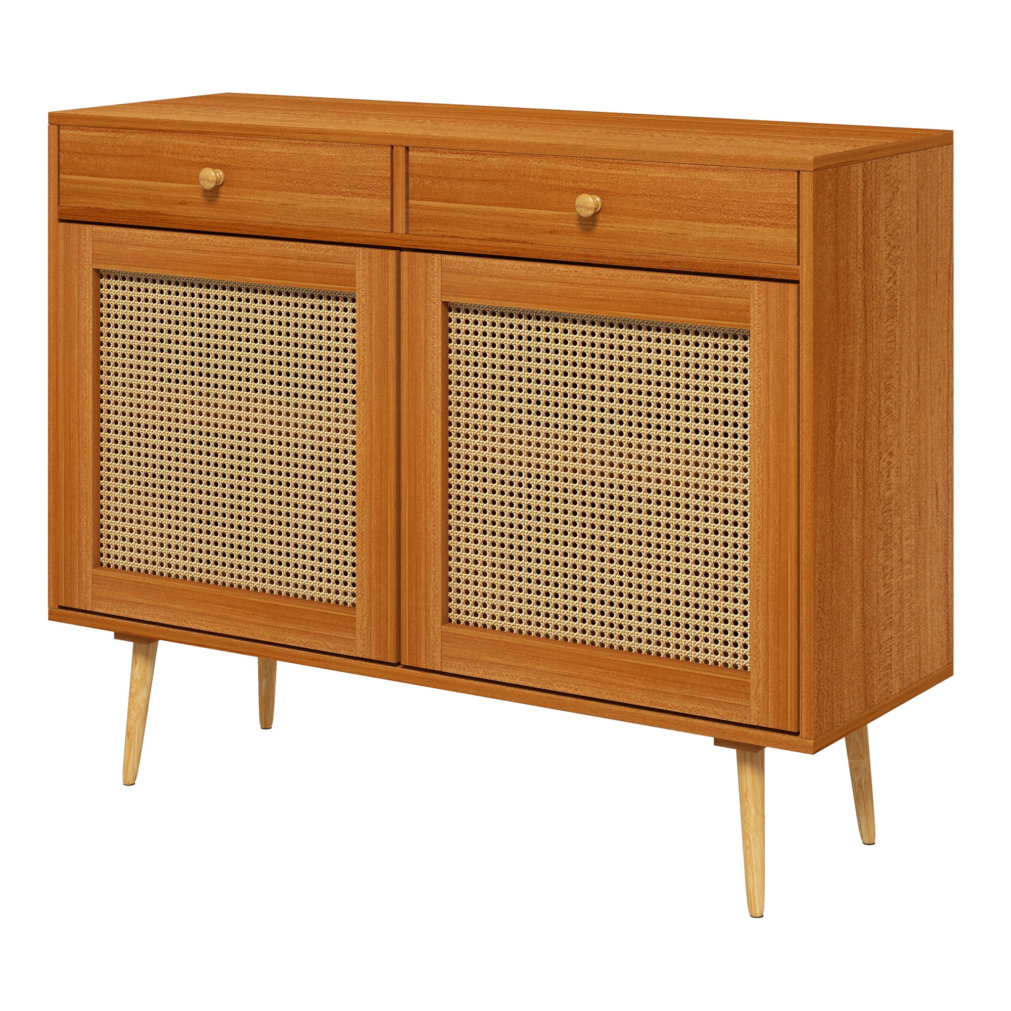 Kitchen Storage Cabinet Garage Cabinets w/ 3 Rattan Doors & Adjustable Shelf, Light Brown
