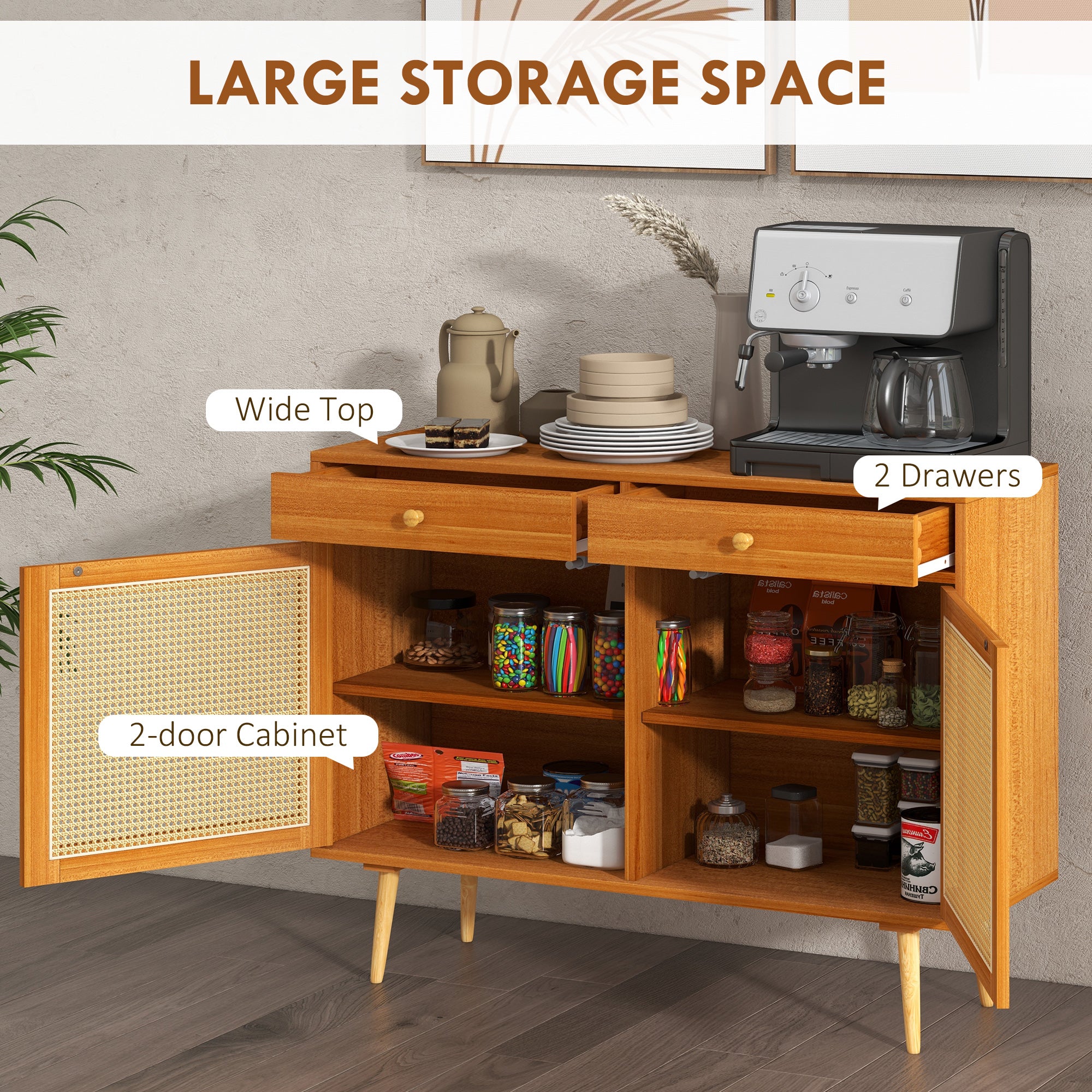 Kitchen Storage Cabinet Garage Cabinets w/ 3 Rattan Doors & Adjustable Shelf, Light Brown