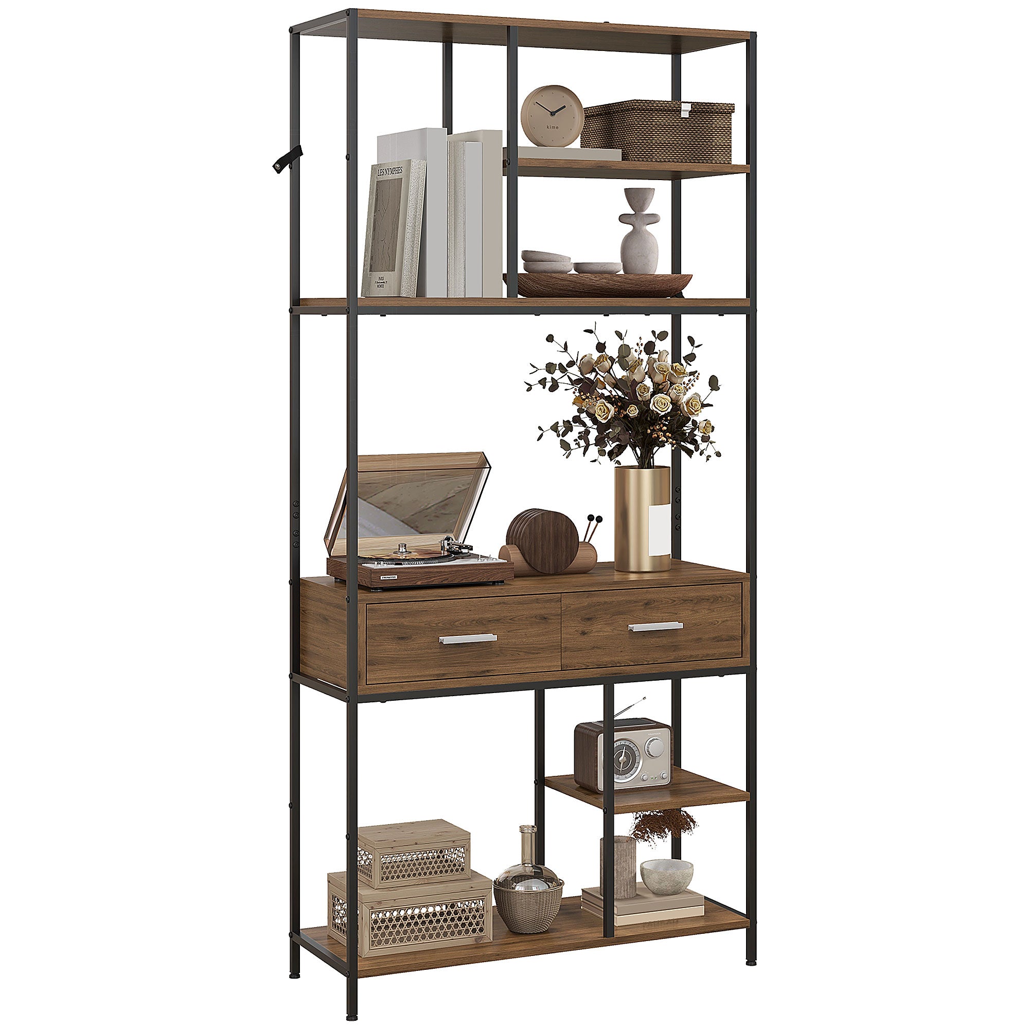 HOMCOM 5 Tier Book Shelf with 2 Drawers, Industrial Storage Shelves, Metal Shelving Unit for Living Room, Study, Bedroom, Brown