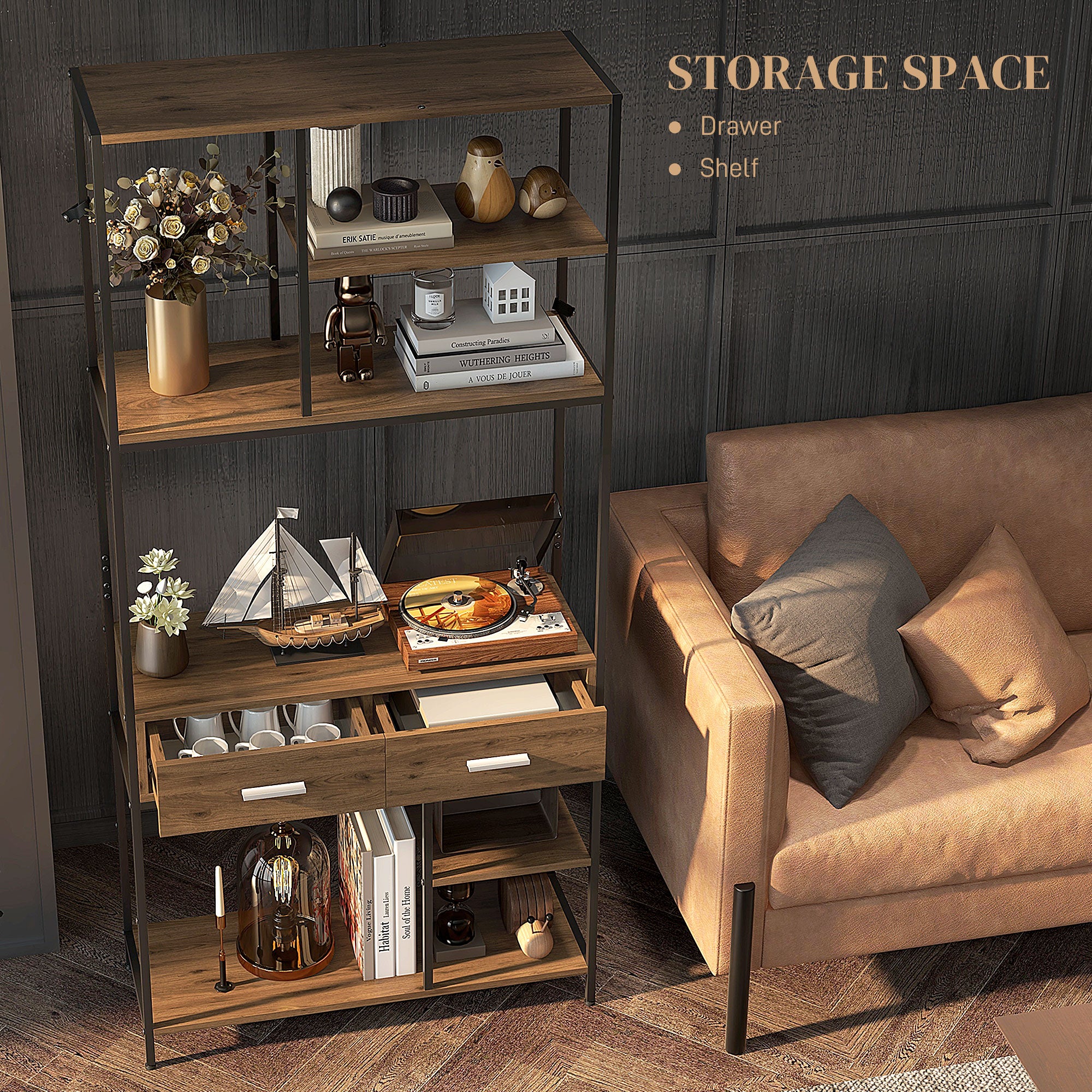 HOMCOM 5 Tier Book Shelf with 2 Drawers, Industrial Storage Shelves, Metal Shelving Unit for Living Room, Study, Bedroom, Brown