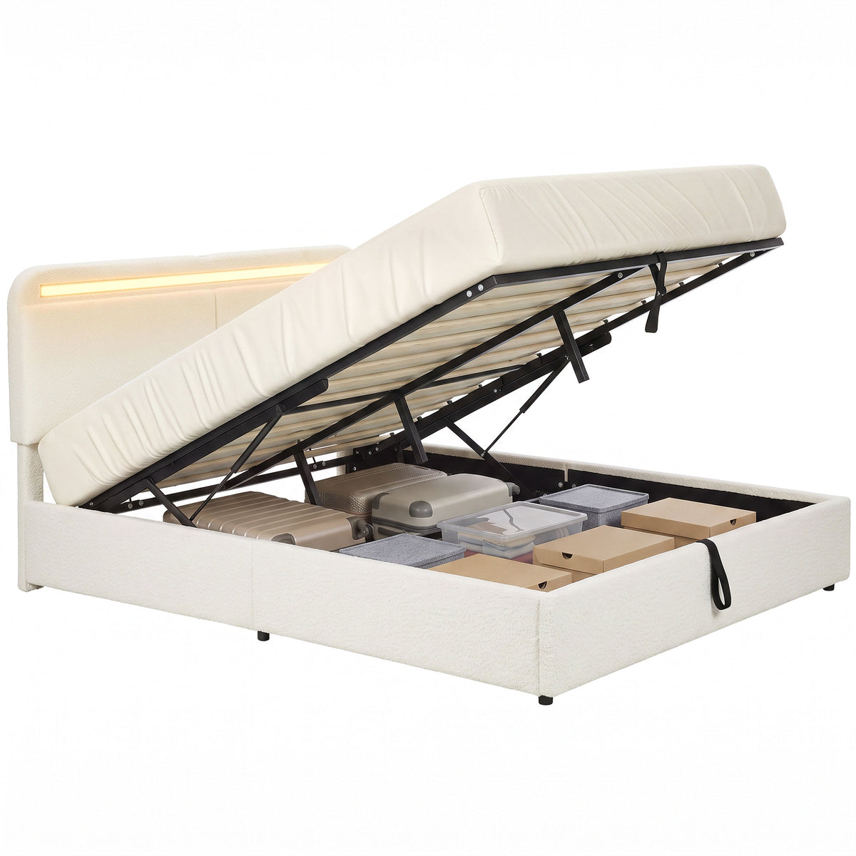 Queen Bed Frame with Charging Station, LED Lights, Adjustable Headboard, Fabric Platform Bed Frame, Wood Slat Support, Noise Free, No Box Spring Needed, Easy Assembly, White