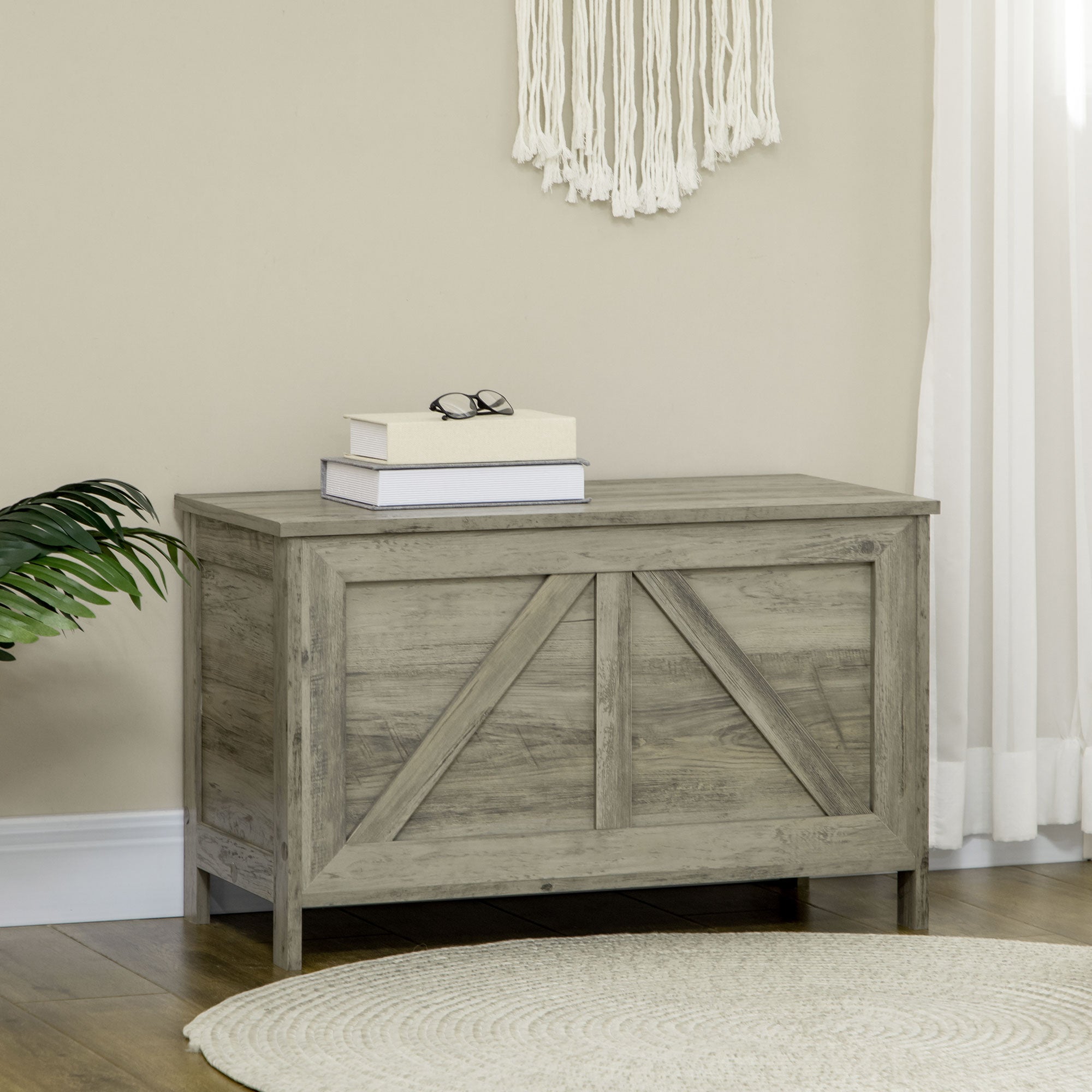 30" Farmhouse Storage Chest, Lift Top Box Organizer w/ Safety Hinge to Open Up 100°, White