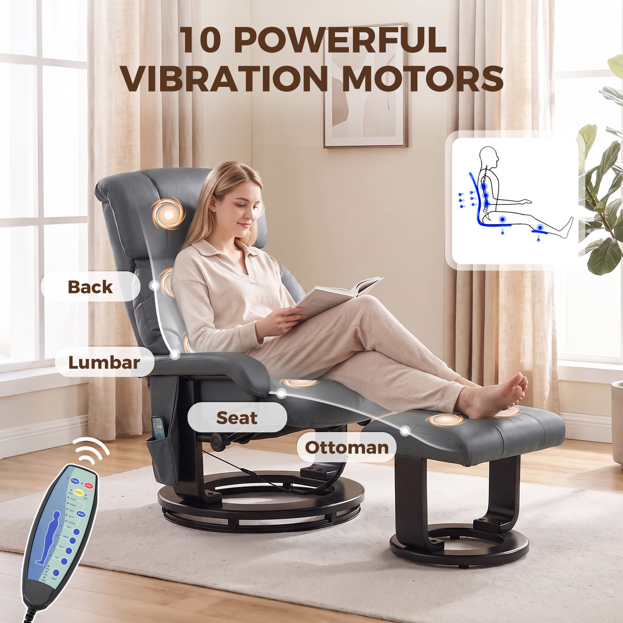 Massage Recliner Chair with Ottoman, 360° Swivel Recliner and Footstool, 10-Point Vibration, PU Leather Reclining Chair with Remote Control, Gray