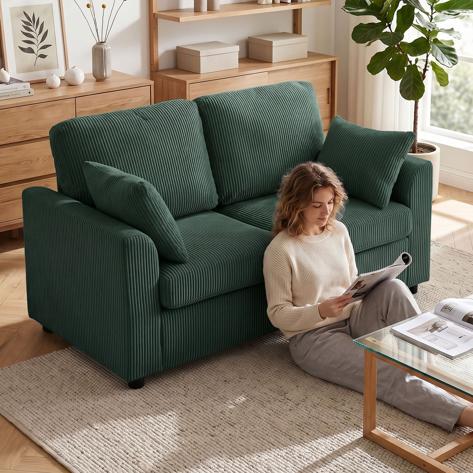 2 Seater Sofa, 144cm Corduroy Small Couch with Spring Cushion, Wide and Deep Seat, Plush Backrest, 2 Pillows, Loveseat Sofa Settee for Small Space, Living Room, Bedroom, Home Office, Dark Green